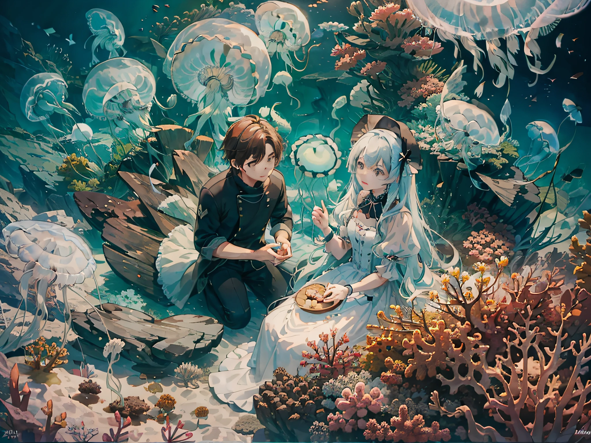 A scene of best quality, masterpiece, very detailed, 8k, wallpaper and fantasy quality, BREAK showing undersea environment, BREAK where (a young couple :1.8), (many jellyfishes :1.4) and (fishes :1.2) are present, BREAK the couple are sitting on a rock at the bottom of the ocean and they are staring at each other, BREAK with cool colors, cold colors, calm atmosphere, wide shot, 28mm and bird's eye view effects.