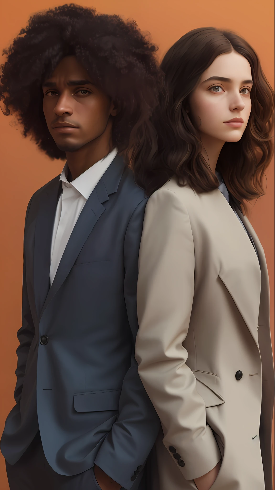 image of a man and a woman in suit, portrait of two people, color portrait, medium photo of two characters, photo portrait, photo shoot, by Emma Andijewska, by Matija Jama, mute colors. ue 5, by Alexander Mann, bespoke clothes, high quality portrait, promotional image, promotional photo, promotional photo, mid shot portrait the most beautiful a magical girl with long curly hair and curly curly hair in style of Russian military uniforms and black hair, artstation, concept art, smooth, sharp focus, light diffraction, illustration in the style of simon stalenhag, 8 k, hdr, matte, hdr, 8 k, render ultrawide, highly detailed, trendy, dark theme