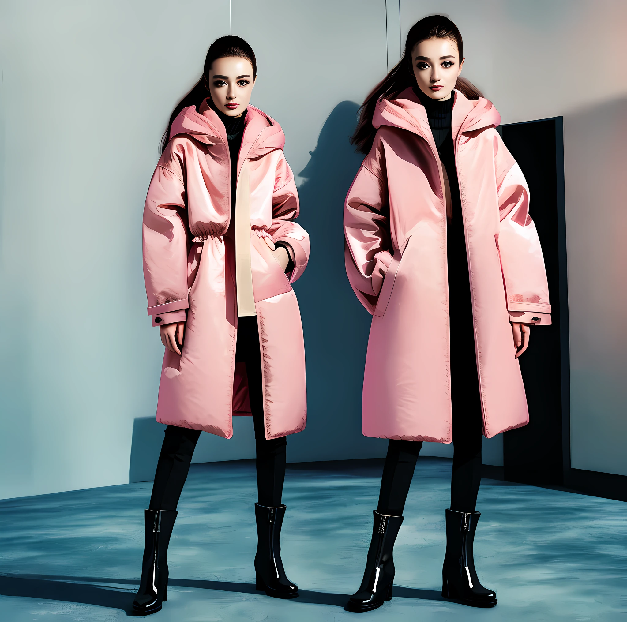 A woman in a pink coat and boots standing in the studio, coat, model in down jacket, fall/winter 2022-2023, oversized, cotton coat with large round pockets, pink down jacket, very fluffy clothes, volumetric clothes, black boots, hunter coat, fashion, designer art, carnival fashion jacket, long hair not tied up, high contrast between the character and background, high saturation, full body rendering, photography-grade photos, mischievous expressions, long down jacket, clear details, silky shiny fabric