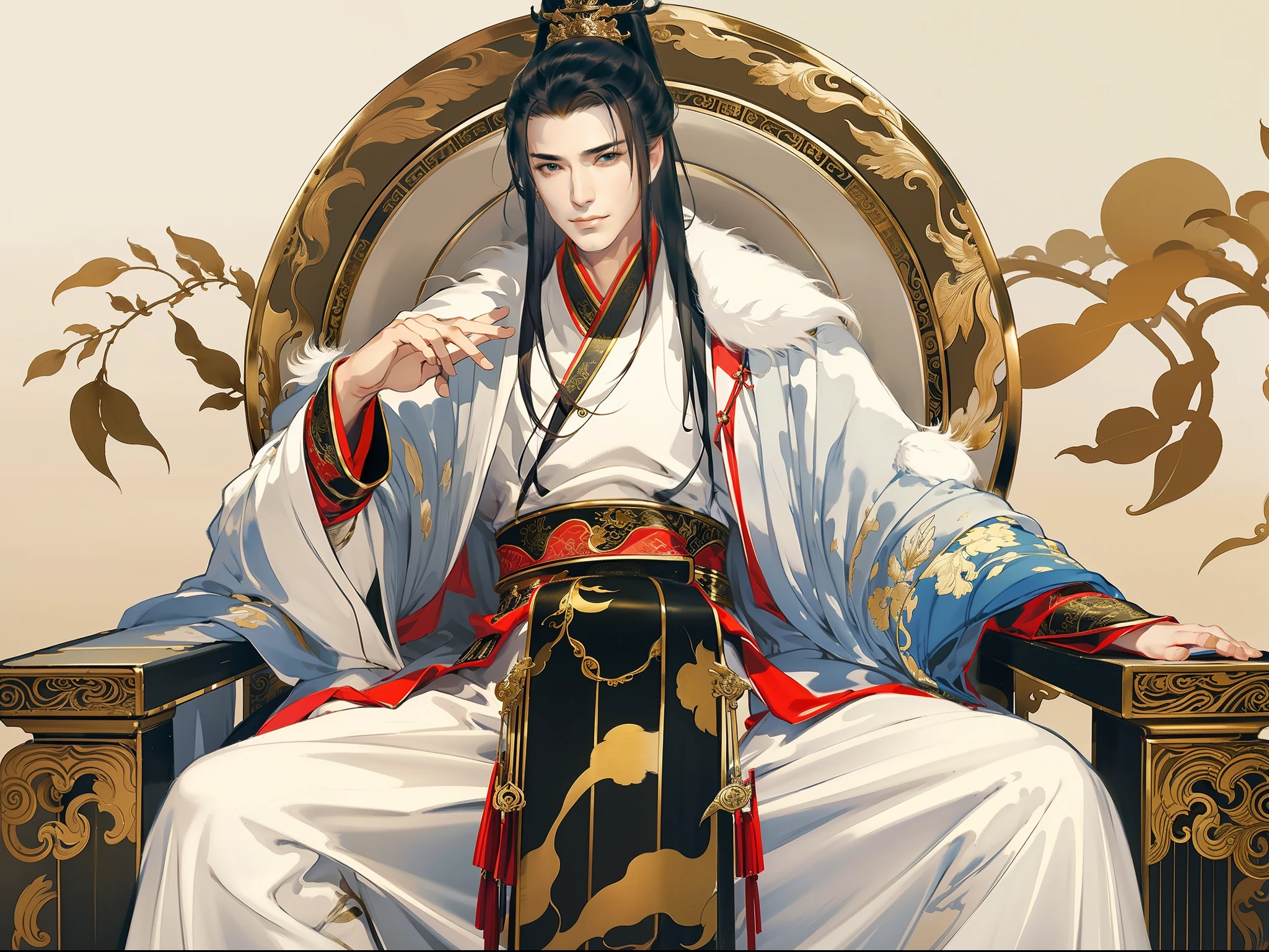 A handsome man in ancient China, sharp eyes, clear facial features, wearing Han clothes, sitting on a throne, empty palace, kingly temperament, full body portrait, clear face, beautiful eyes, masterpiece, super detailed, epic composition, super HD, high quality, highest quality, 32k
