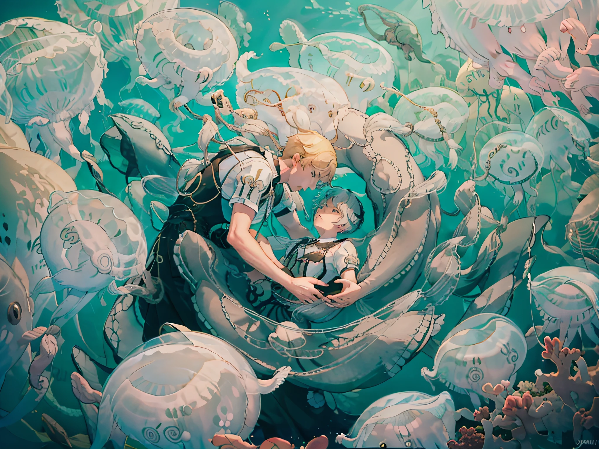 painting of a woman and child in a pool of jellys, akehiko inoue and ross tran, jc leyendecker and sachin teng, beeple and james jean, a beautiful artwork illustration, rob rey and kentaro miura style, loish and ross tran, guweiz and makoto shinkai, makoto shinkai cyril rolando
