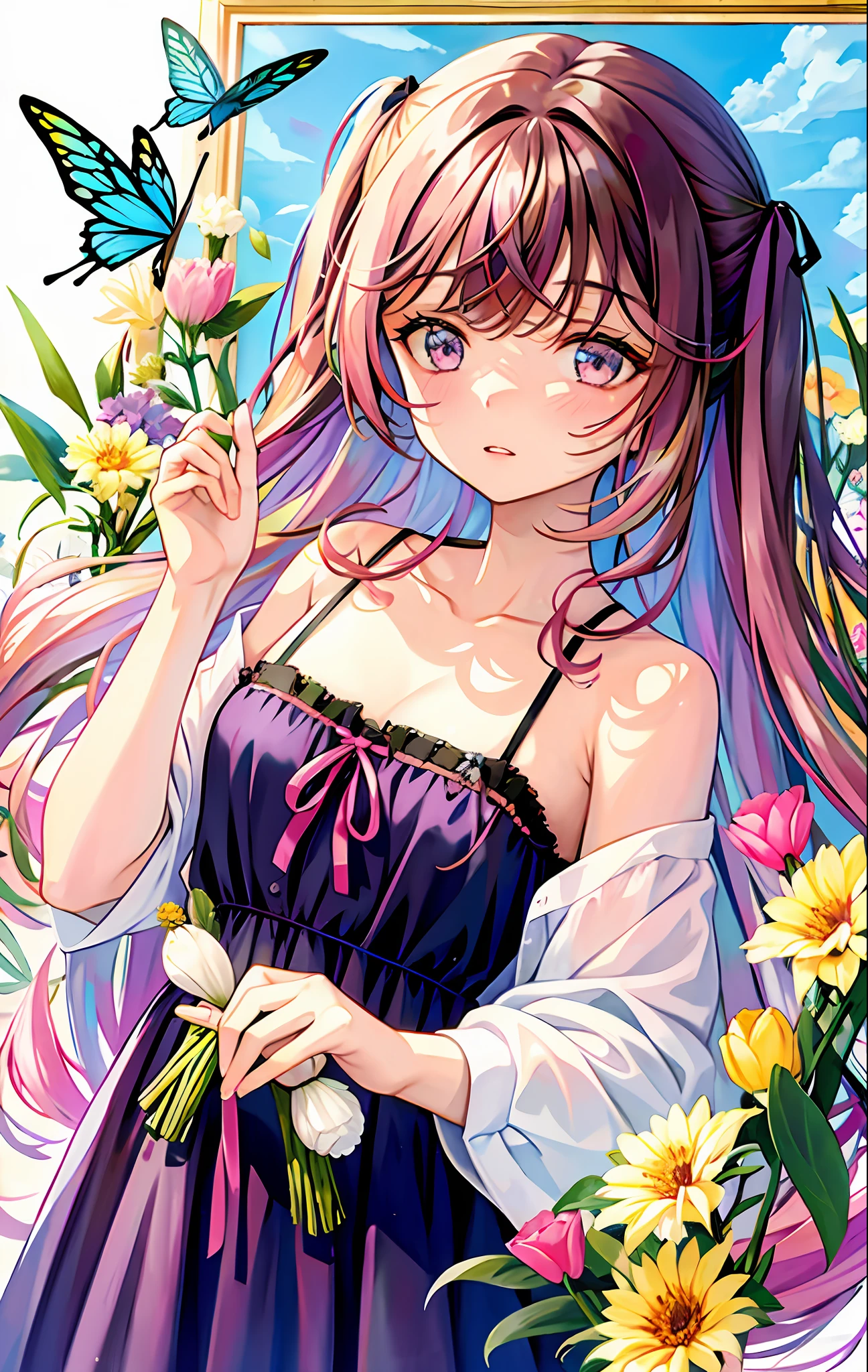 1girl, animal, artist_name, bangs, black_ribbon, blue_butterfly, blush, breasts, brown_eyes, brown_hair, bug, butterfly, butterfly_hair_ornament, butterfly_on_hand, butterfly_wings, collarbone, daisy, eyebrows_visible_through_hair, flower, glowing_butterfly, hair_between_eyes, holding, holding_flower, leaf, lily_\(flower\), long_hair, long_sleeves, looking_at_viewer, lotus, marker_\(medium\), medium_breasts, multicolored_hair, painting_\(medium\), parted_lips, pink_eyes, pink_flower, purple_eyes, purple_flower, purple_hair, ribbon, solo, traditional_media, tulip, upper_body, watercolor_\(medium\), white_butterfly, yellow_butterfly