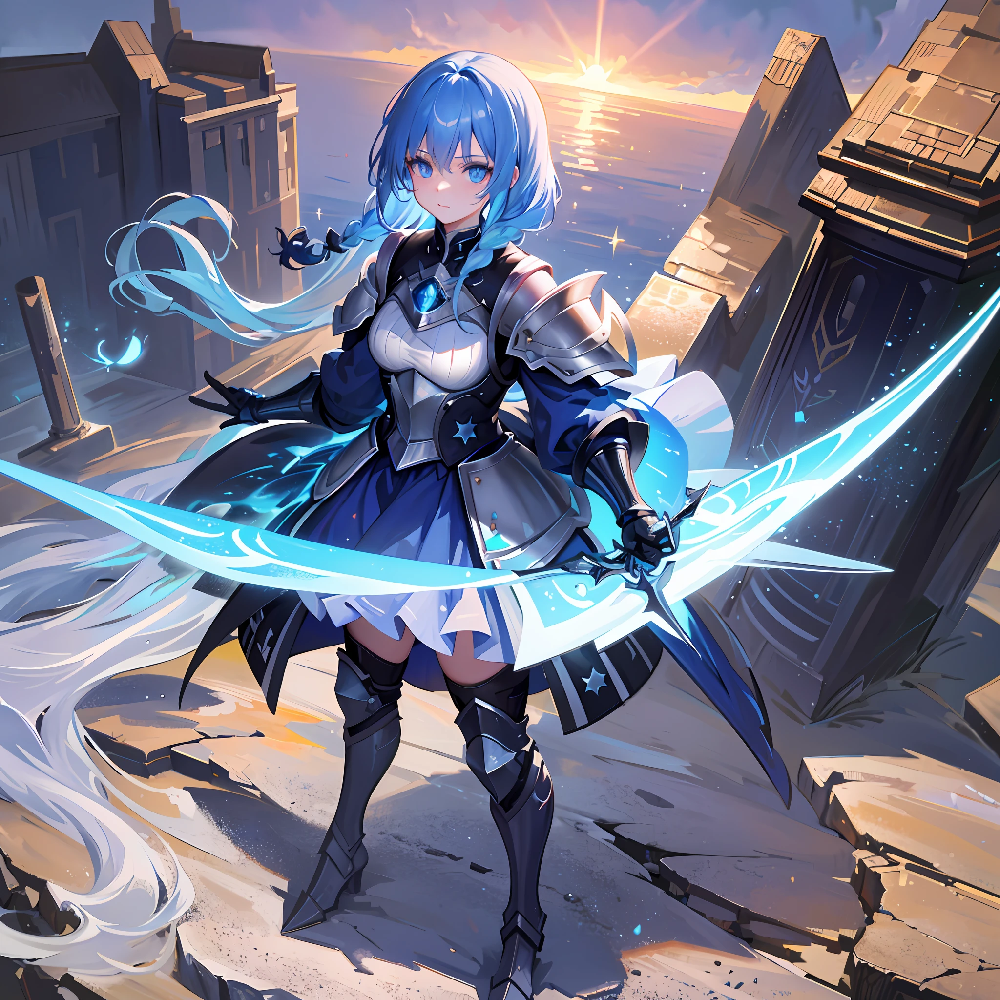 (masterpiece), best quality, highres, ultra-detailed, illustration, from above, outdoors,
1 girl, wearing powered armor, wizard wand, ragecndy, standing, blue eyes, blue hair, long hair, Princess braids, armored boot,
stars, moon, park, night,beautiful galaxy,
full body,
blue bonnet,