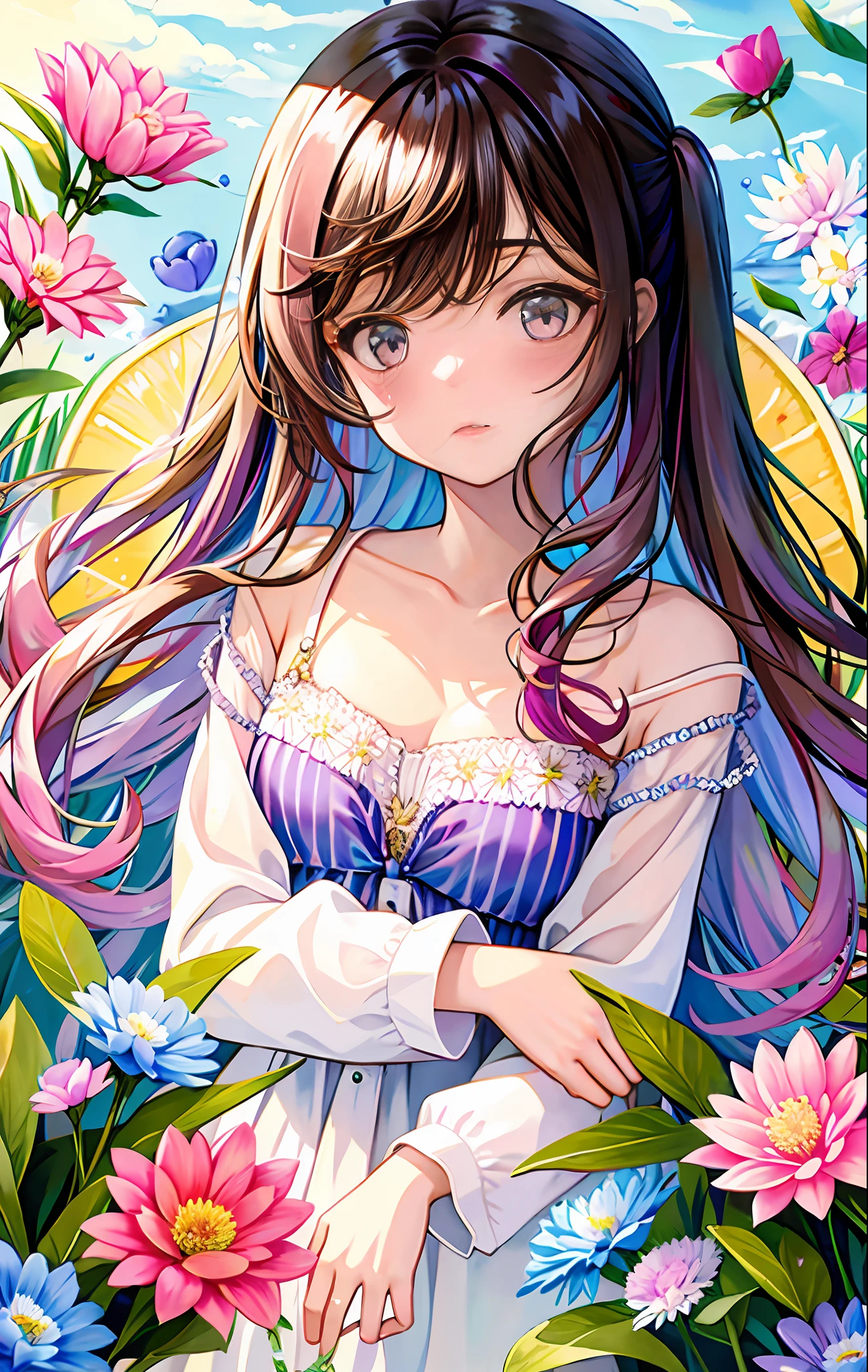 1girl, animal, artist_name, bangs, black_ribbon, blue_butterfly, blush, breasts, brown_eyes, brown_hair, bug, butterfly, butterfly_hair_ornament, butterfly_on_hand, butterfly_wings, collarbone, daisy, eyebrows_visible_through_hair, flower, glowing_butterfly, hair_between_eyes, holding, holding_flower, leaf, lily_\(flower\), long_hair, long_sleeves, looking_at_viewer, lotus, marker_\(medium\), medium_breasts, multicolored_hair, painting_\(medium\), parted_lips, pink_eyes, pink_flower, purple_eyes, purple_flower, purple_hair, ribbon, solo, traditional_media, tulip, upper_body, watercolor_\(medium\), white_butterfly, yellow_butterfly
