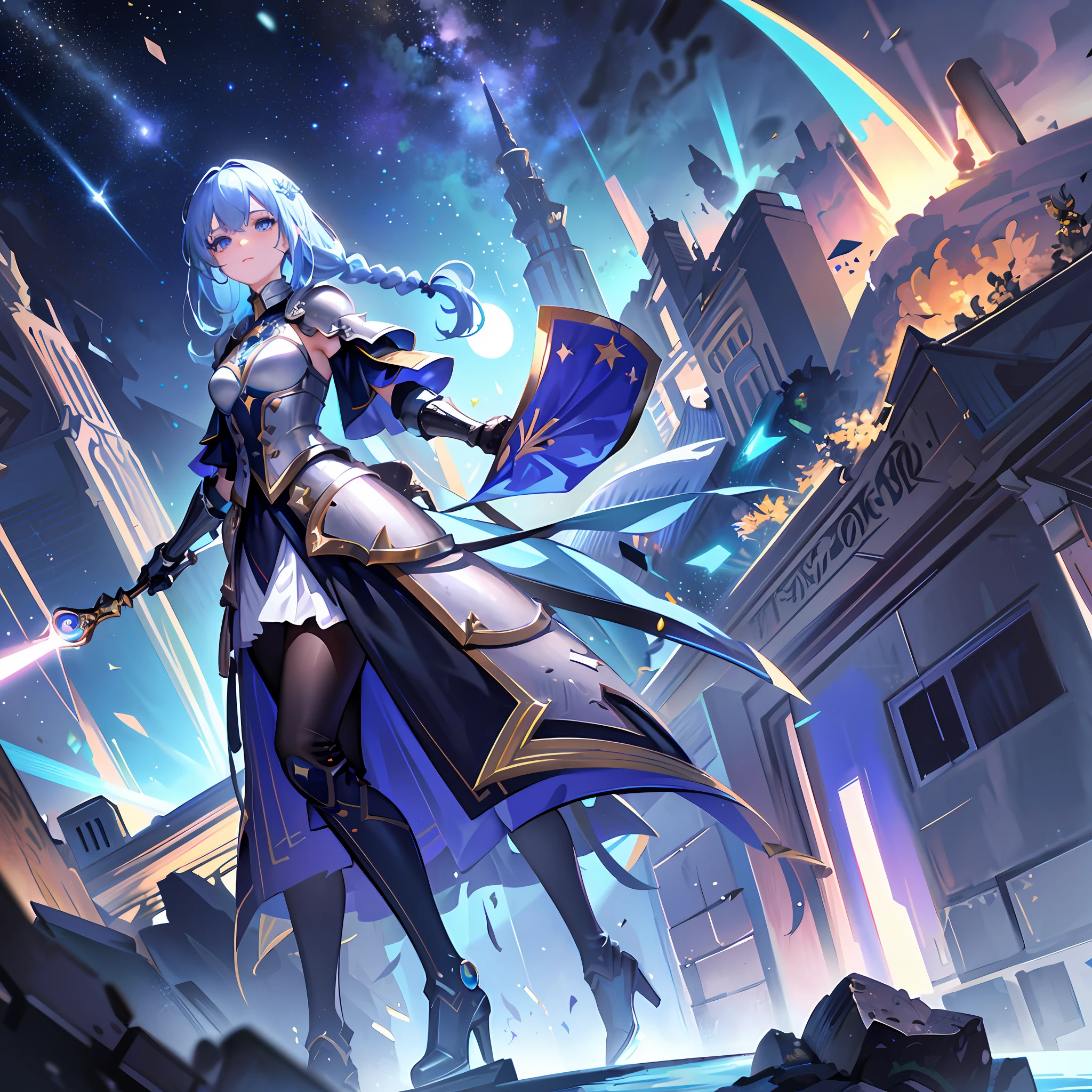 (masterpiece), best quality, highres,  ultra-detailed, illustration, from above, outdoors,
1 girl, wearing powered armor, wizard wand, ragecndy,  standing, blue eyes, blue hair, long hair,  Princess braids, armored boot, 
stars, moon, park, night,beautiful galaxy,
full body, 
blue bonnet,