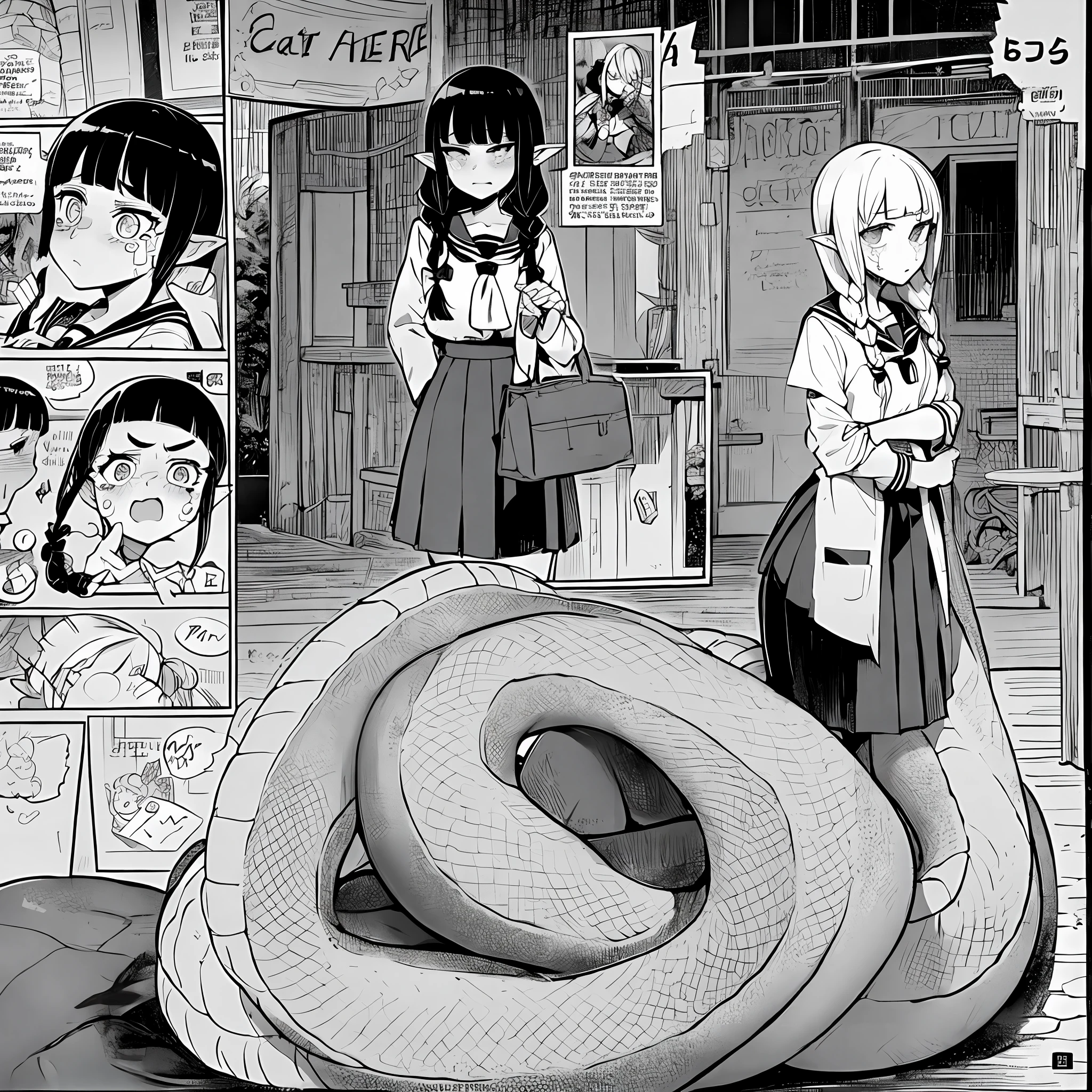 lamia scales, full body, 1girl, alternate costume, bangs, blunt bangs, braids, comics, crying, crying with eyes open, monochrome, school uniform, serafuku, solo, tears