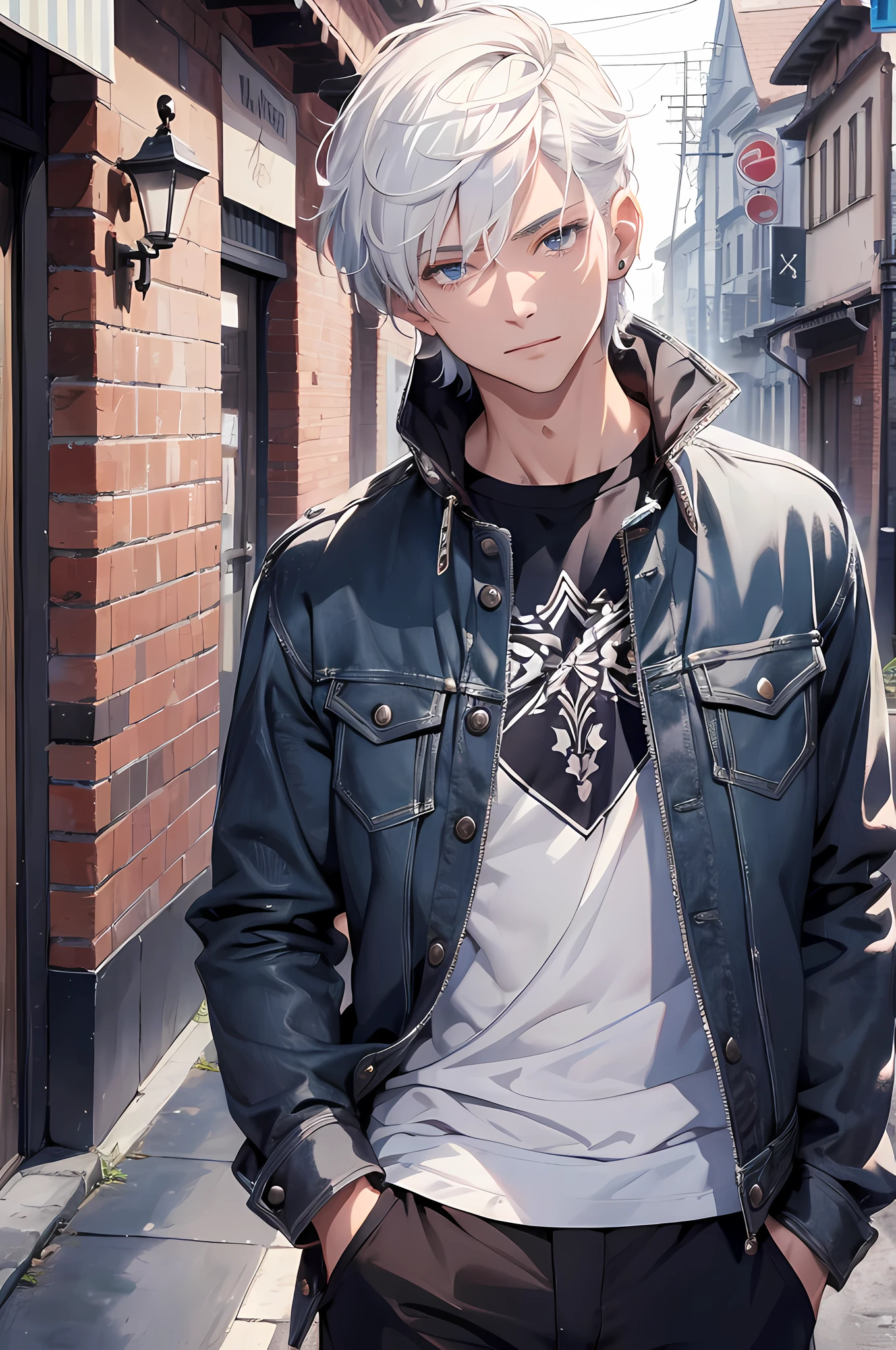 (absurdres, highres, ultra detailed, HDR), masterpiece, best quality, a boy, solo, handsome, short hair, white hair, finely eye and detailed face, casual clothes, real shadow, lift hand, v sign, joyful, ear piecing,