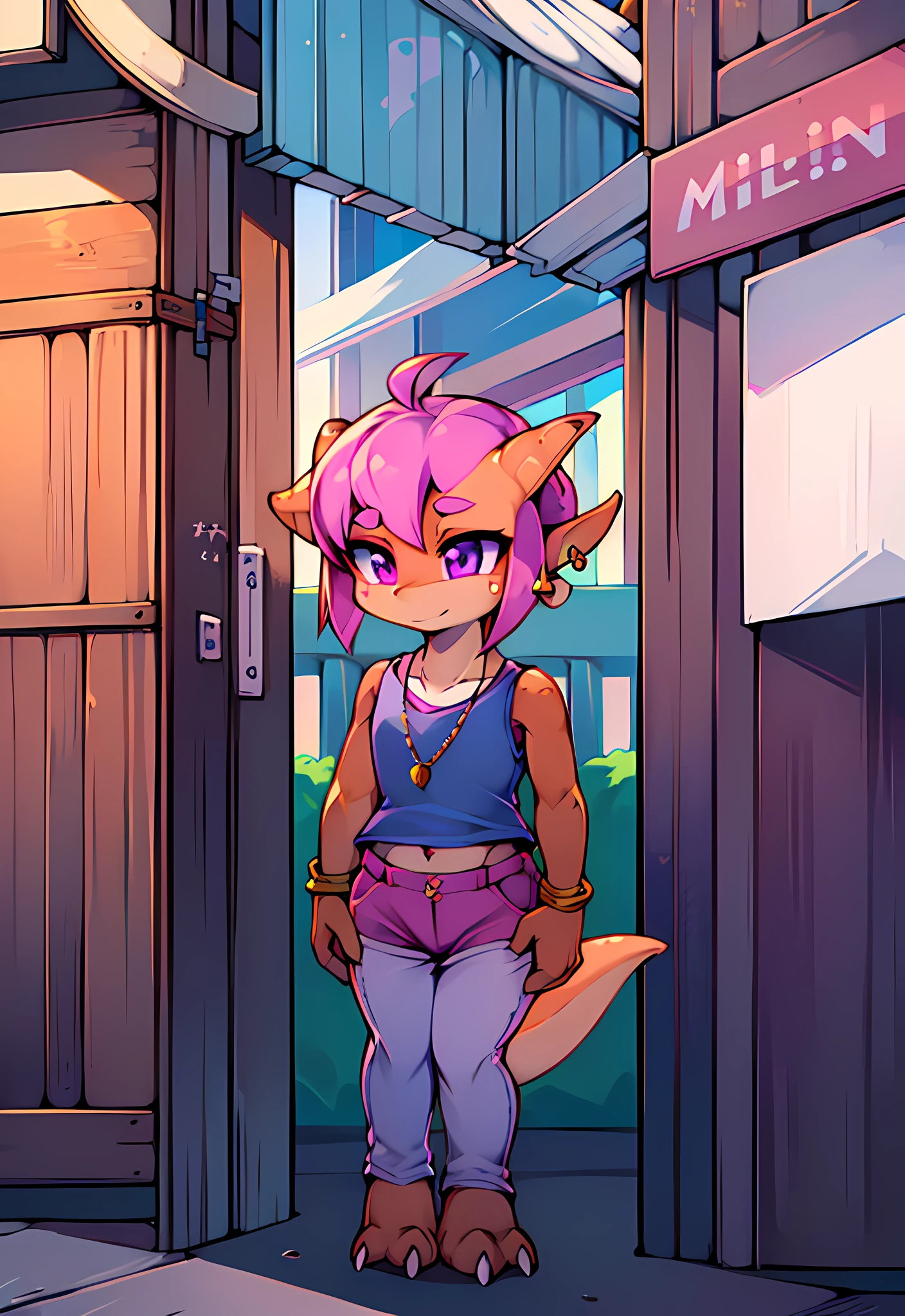 (1girl, solo), (kobold_girl, monster_girl:1.2), (anthro_female_kobold:1.2), violet eyes, orange skin, scales, skin scales, white scales, shorts, pink pants, shirt, soft blue shirt, bracelet, necklace, earrings, standing, sleeveless, skirt