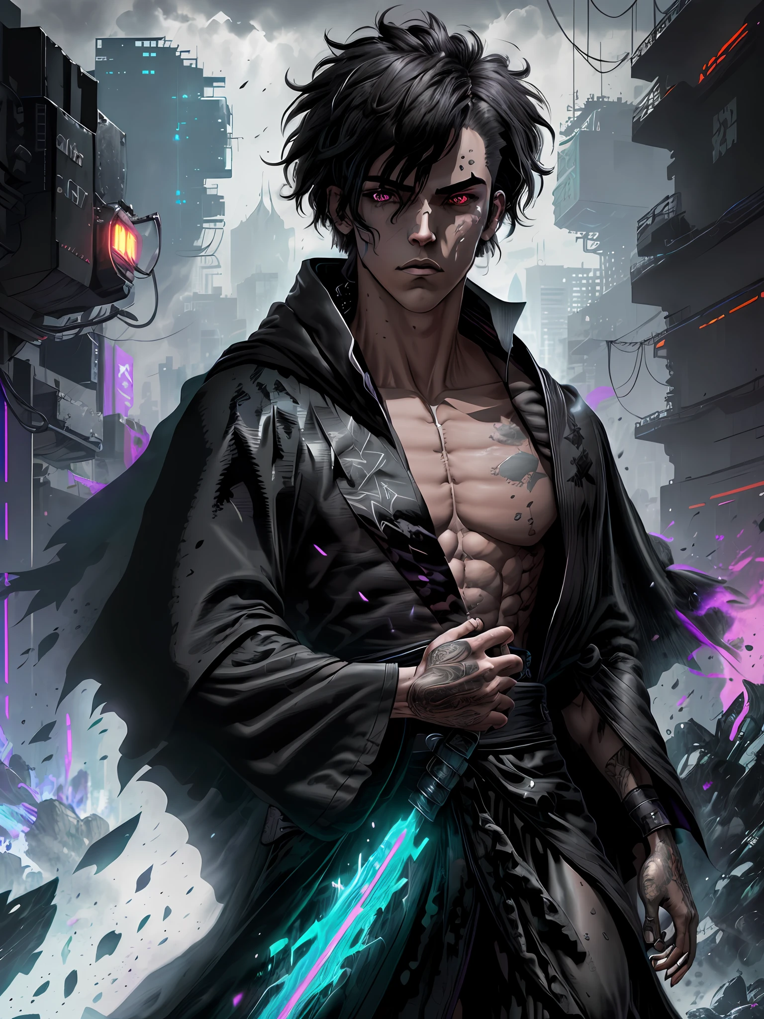 Cyberpunk male, fantasy world, dark background, clean design, epic instagram, artstation, colorful paint splatter, silhouette, hyper detailed intricate details, unreal engine, fantasy, intricate details, splash screen, complementary colors, Fantasy concept art, 8k resolution, deviantart masterpiece, oil painting, heavy strokes, paint dripping, (isolated on white background: 1.3), rainbow skin, (((handsome young man))), ((teenage:1.5) ), (glowing purple eyes), ((light eyes)), ((((short black hair: 1.1))), ((black clothes)), (prince\\(indifferent expression\\),, ( ((Wears high detail luxurious black robe))), black hair, (chest) ، upscaling , 4x-ultrasharp , --v 6