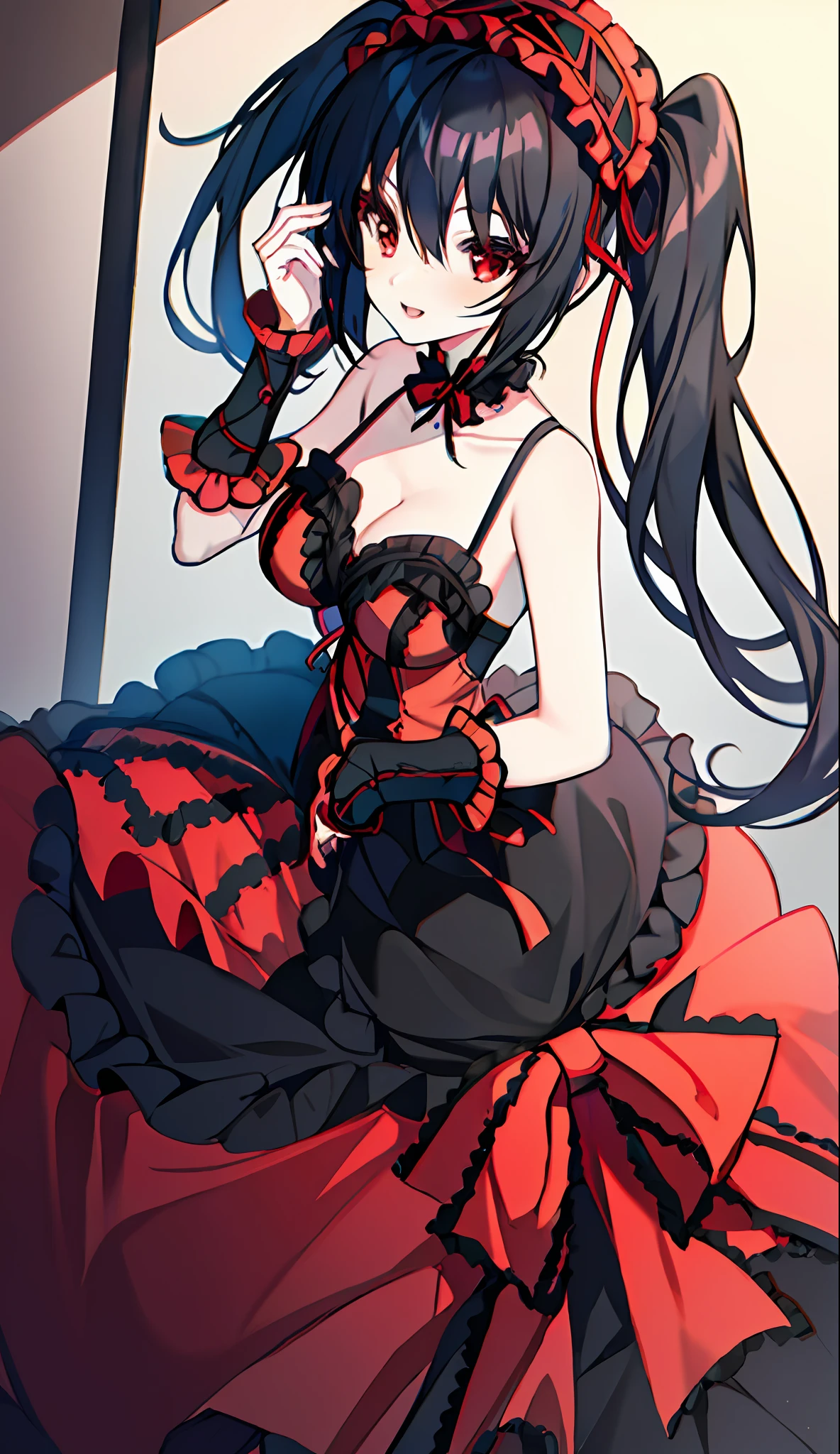 18 years old beautiful girl, masterpiece, top quality, 8K anime, 1 girl, solo, detailed fingers, precise fingers, not unnatural hands, odd eyes, red eyes, cleavage, black hair twintails, kurumi tokizaki,