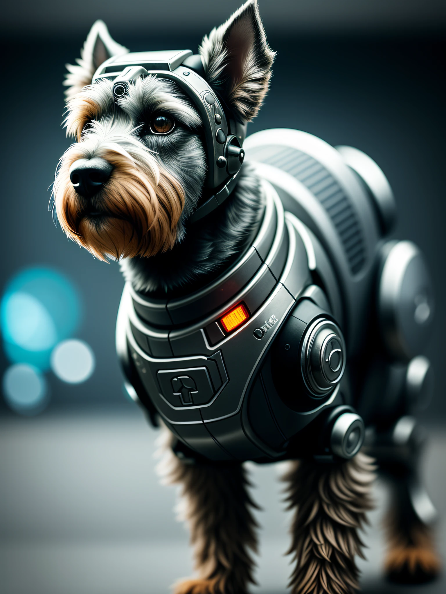 A cute schnauzer made of metal, (cyborg: 1.1), ([tail|detailed wire]: 1.3), (intricate detail), HDR, (hyperdetailed: 1.2), cinematic lens, centered, cyberpunk