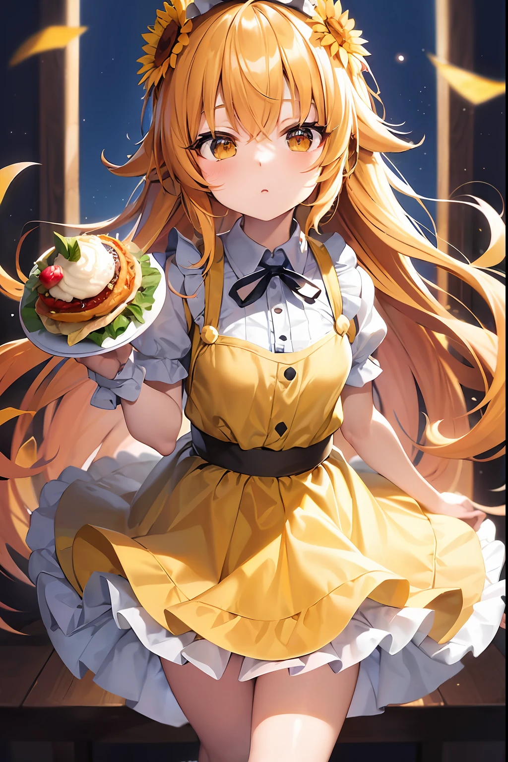 ((best quality, masterpiece)),(a very cute and beautiful chibi anime girl), (simple flat background), full body, highly detailed face and eyes, clearly outlined, solo, (studio lighting),(sunflower headdress), (dirndl costume), ((gasping)), (ahoge), (yellow and orange two-tone short twin-tail hair), huge taco, rolled with taco, inside a taco, wrapped in taco,
