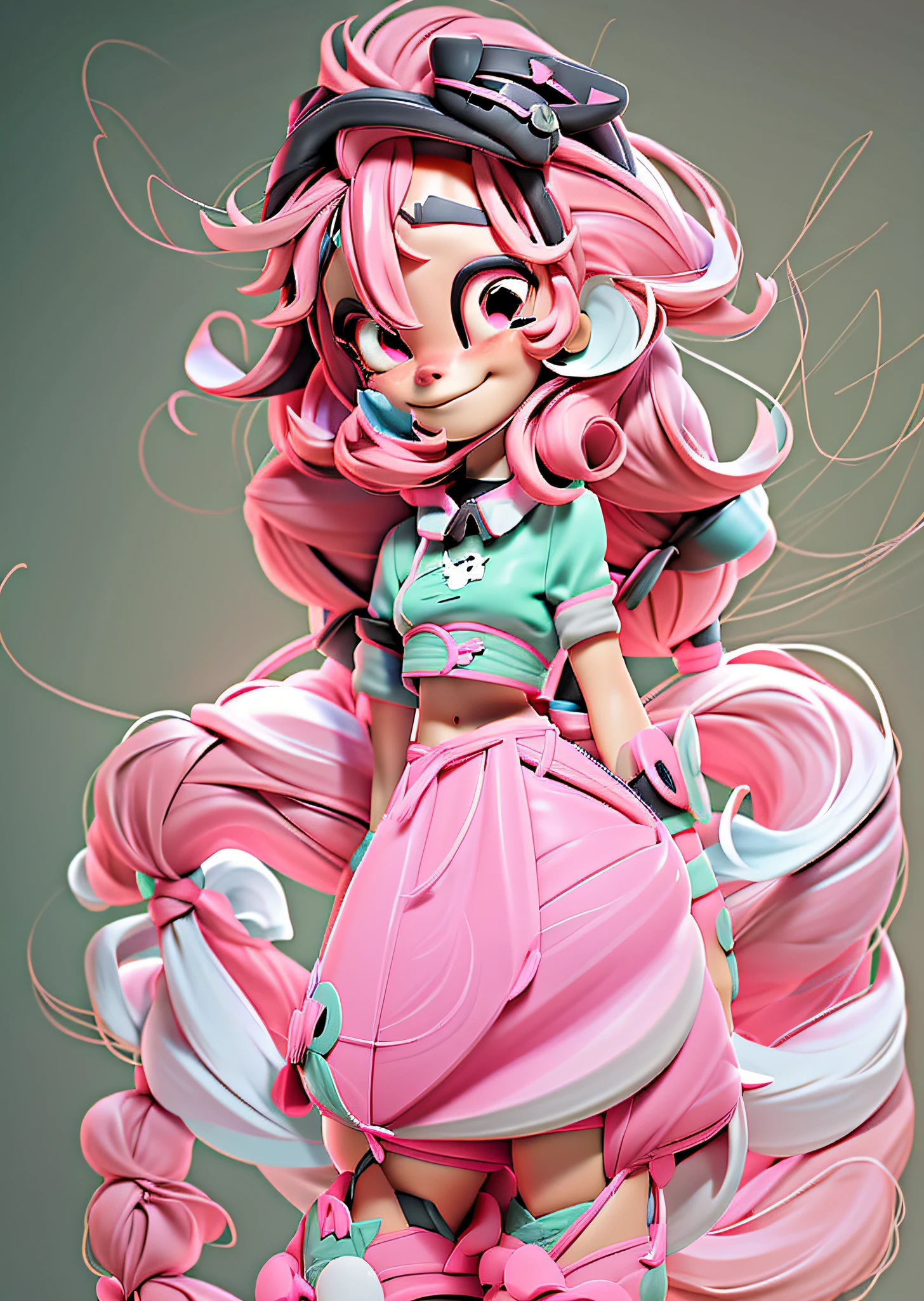 (NIJIFTB),
a cartoon character with pink hair and a cat ears on her head and a black cat outfit on her body and a pink collar and tail on her head,