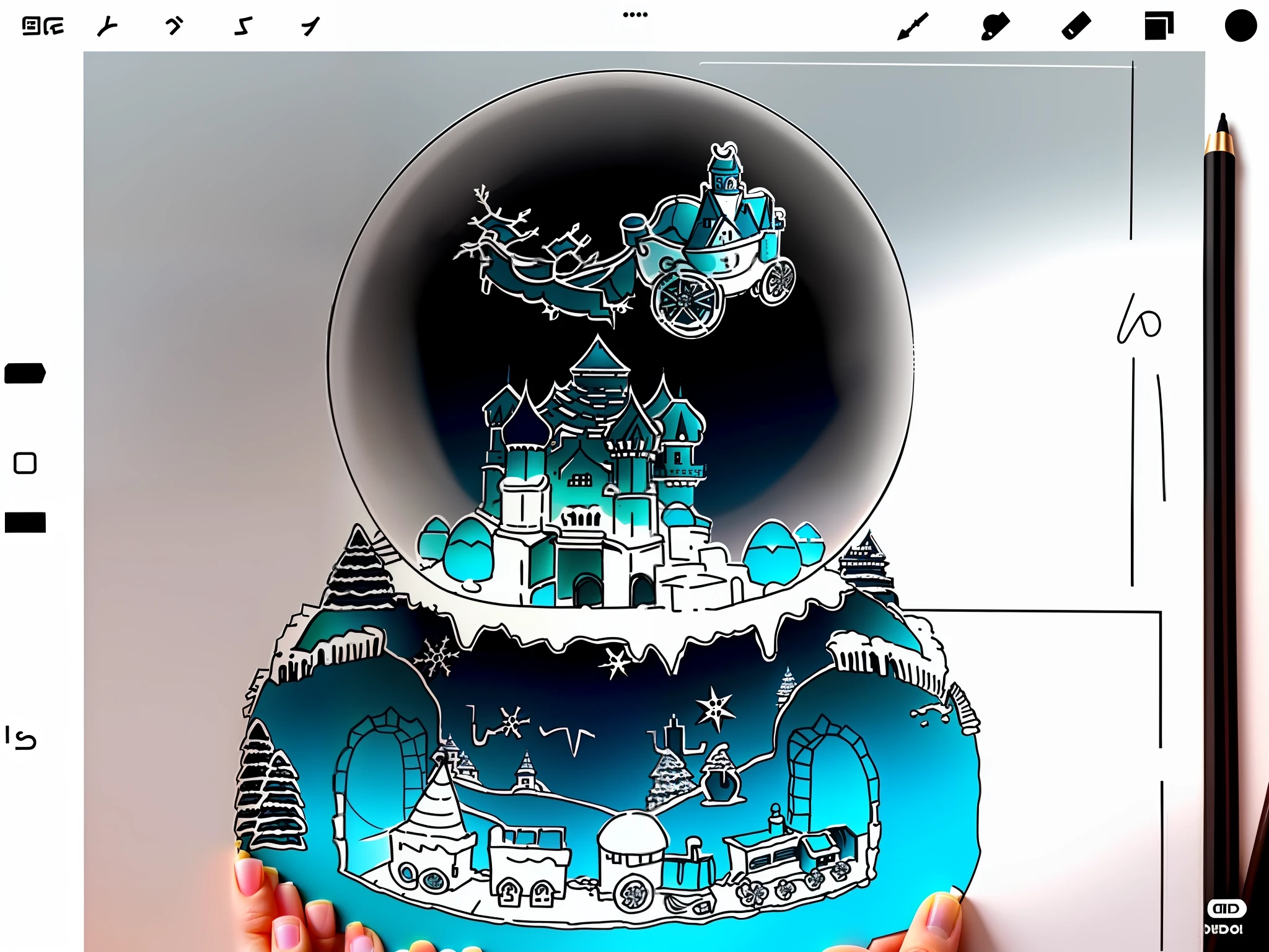 a close up of a drawing of a snow globe with a castle, procreate illustration, accurately drawn details, highly detailed linework, snowglobe, kids fantasy drawing, wip, fantasy highly detailed, procreate, detailed but rough, inside a snow globe, added detail, animated disney movie inking, highly detailed sketch, snow globe, fantastically detailed, stylized linework