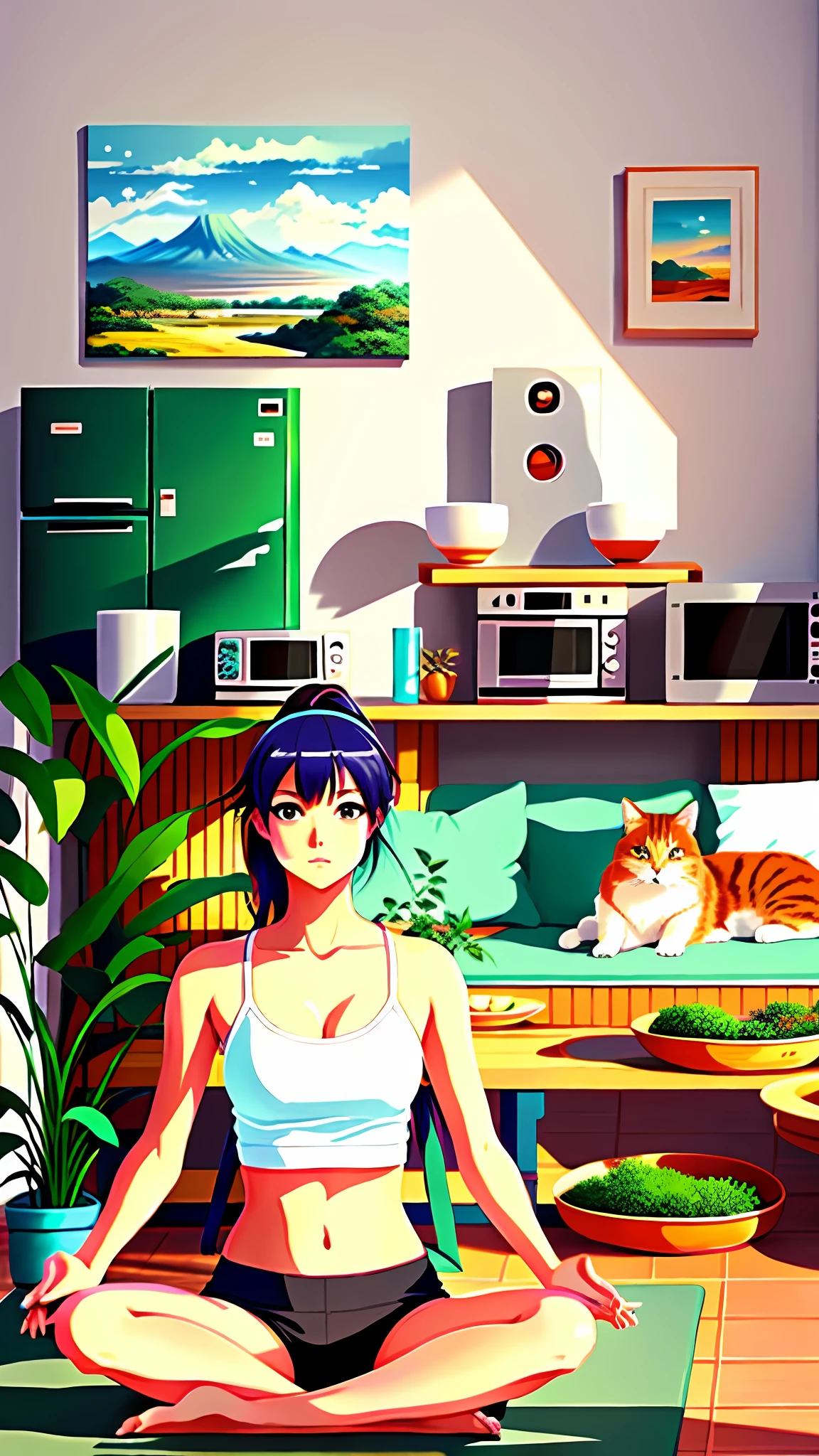 Young beautiful woman sitting on mat practicing yoga, woman facing the camera, looking at the camera, delicate face, yoga pose, sitting posture, yoga meditation pose, sitting cross-legged, perfect dynamic pose, cat on sofa, in the room, refrigerator, range hood, sweeping robot, potted plants, plants, table, microwave donkey, baked high detail, super detail, super high resolution, award-winning work, masterpiece, anime background art, Japanese art style, beautiful anime scenery, fantastic, beautiful artwork illustration, landscape art detail, Landscape artwork, beautiful anime scenes, anime scenery, high quality detail art, anime landscape concept art, beautiful scenes