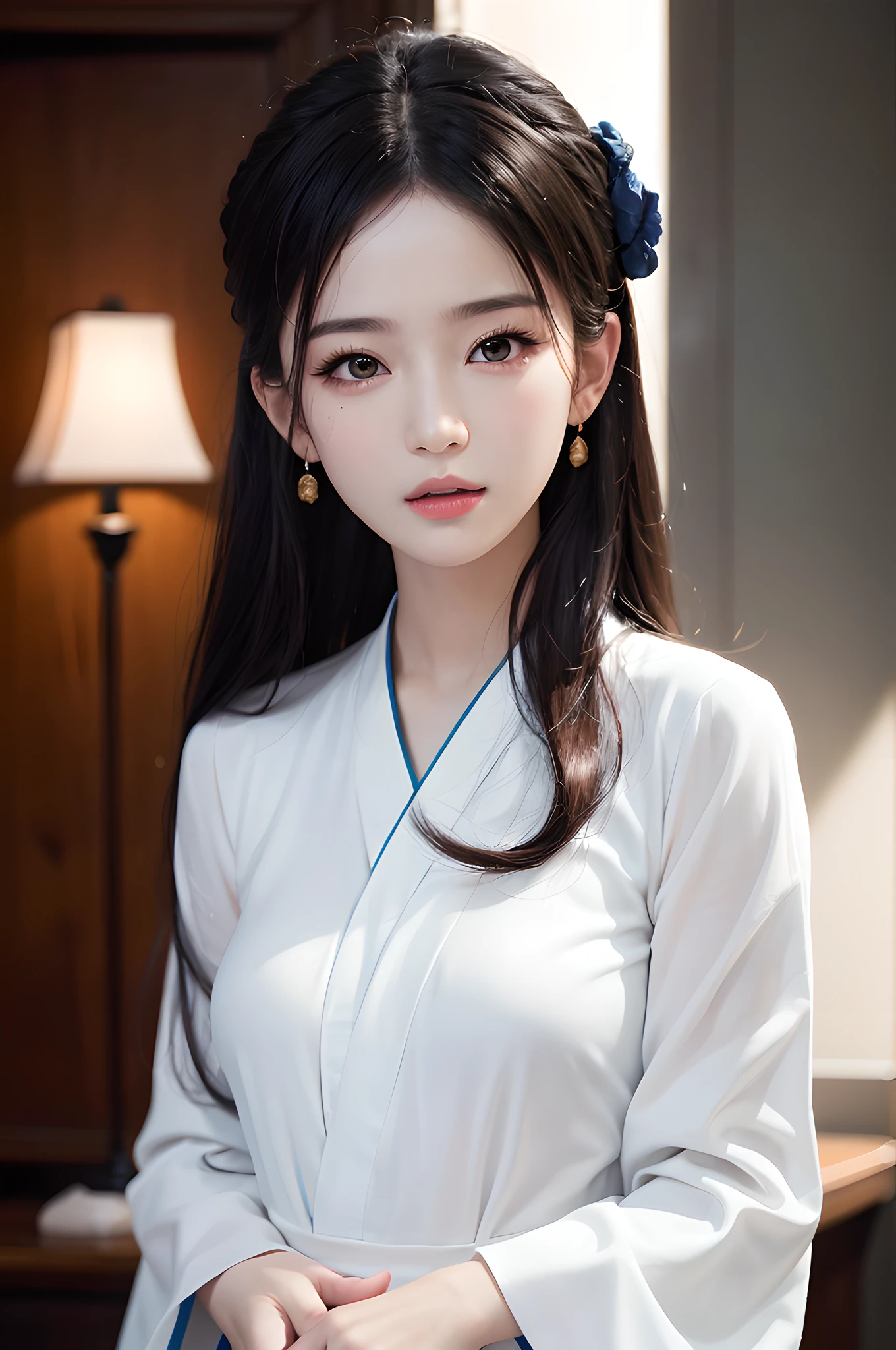 8k, RAW Photo, Best Quality, Masterpiece: 1.2), (Realistic, Photo Realistic: 1.4), {{{1girl}}},, Depth of Field, Full Body, Cinematic Lighting, Asian Girl, Beautiful Facial Features, Beautiful Body, Sweating, , Depth of Field, Skin, Ears, Pale Skin, Best Quality, Masterpiece, Illustration, an extremely deciple and beautiful, extremely detailed,CG,unity,8k wallpaper,amazing,finely detail,master,best quality,official art,extremely detailed CG unity 8k wallpaper,ridiculous,incredibly ridiculous,huge file size, super verbose, high resolution, very verbose, Beautiful detailed girl, very detailed eyes and face, beautiful detailed eyes, light on face, (Hanfu: 1.1), 1girl