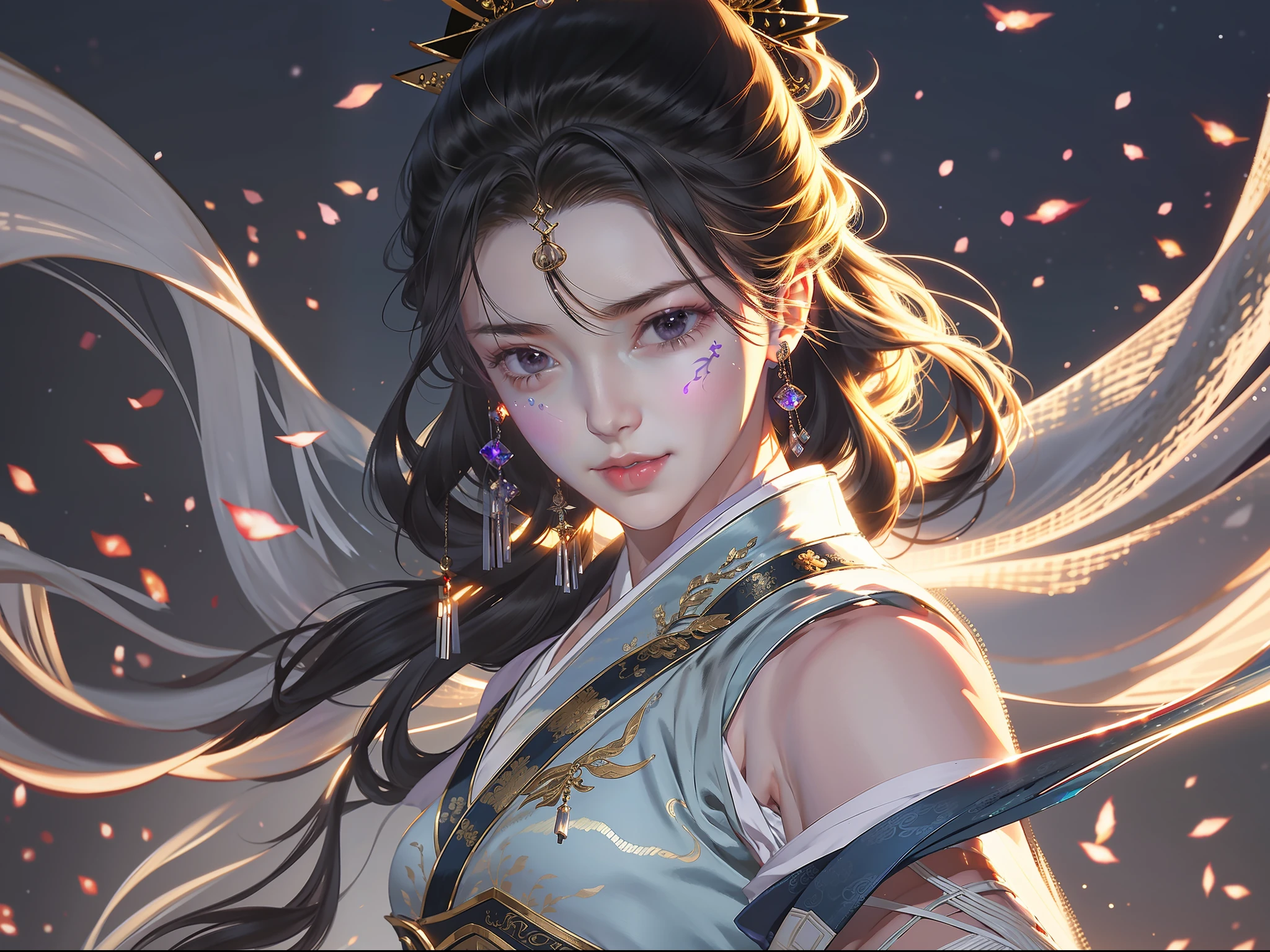 A handsome Chinese girl, sharp eyes, clear facial features, wearing Hanfu, combat posture, martial arts movements, body surrounded by purple mist, runes around, holographic reality, holographic halo, motion blur, game light effects, edge light, soft light, movie edge light, delicate light, masterpiece, super detailed, epic composition, super HD, high quality, highest quality, 32k