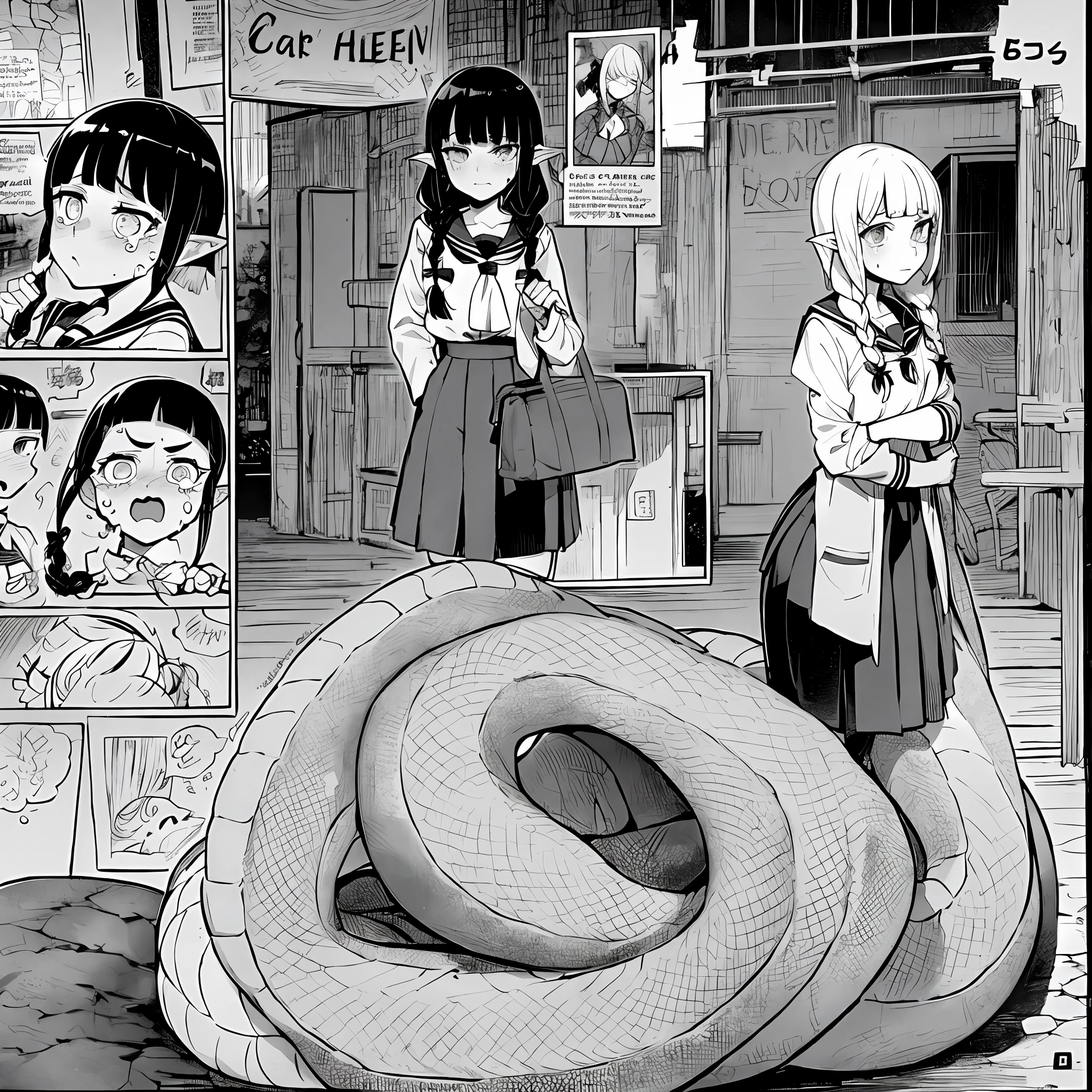lamia scales, full body, 1girl, alternate costume, bangs, blunt bangs, braids, crying, crying with eyes open, monochrome, school uniform, tears