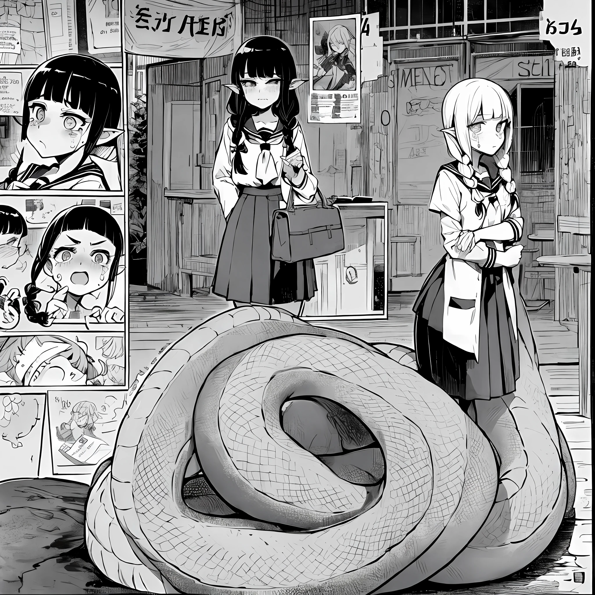 lamia scales, full body, 1girl, alternate costume, bangs, blunt bangs, braids, crying, crying with eyes open, monochrome, school uniform, tears