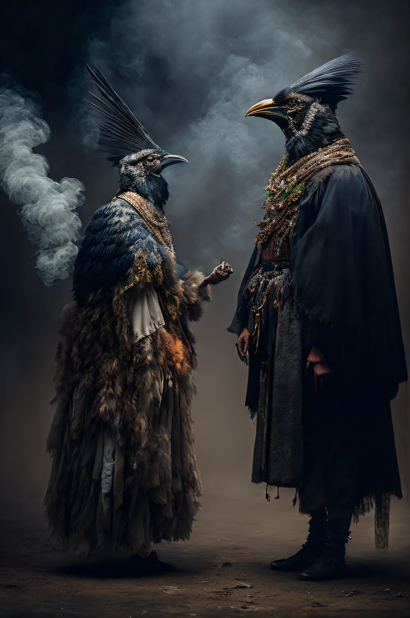 The scene is atmospheric and open, ancient sacrificial pictures, smoky and full of smoke, birds in human clothes are dancing, dancing in enchanting postures, cloudy (detailed costume details, detailed clothing light), faintly appearing, detailed bird feather details, cumbersome and complex picture feeling, (full of weird and mysterious pictures), the background is cloudy, photos are realistic, 8k,
