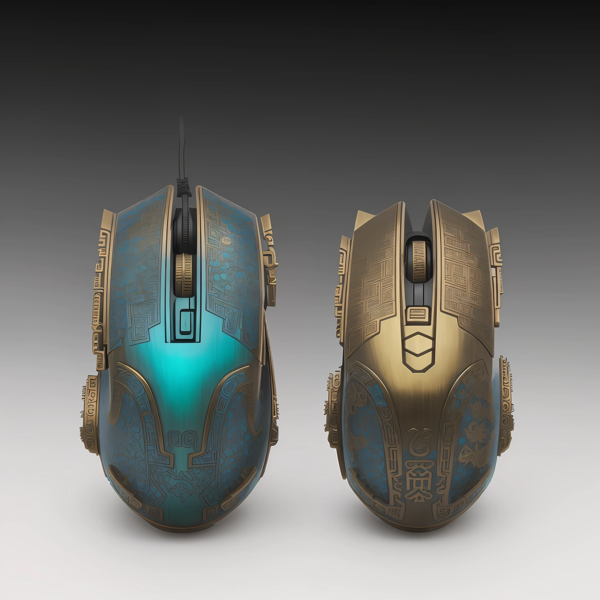 Masterpiece, super high quality, integration of Sanxingdui bronze ware and mechanical mouse, bronze texture attached to the mouse surface, Turquoise tone, Chinese style, clear hollowed out structure, clear mechanical structure, clear texture, extreme detail, dreamy color, dreamy light and shadow, standardized drawing, unified drawing