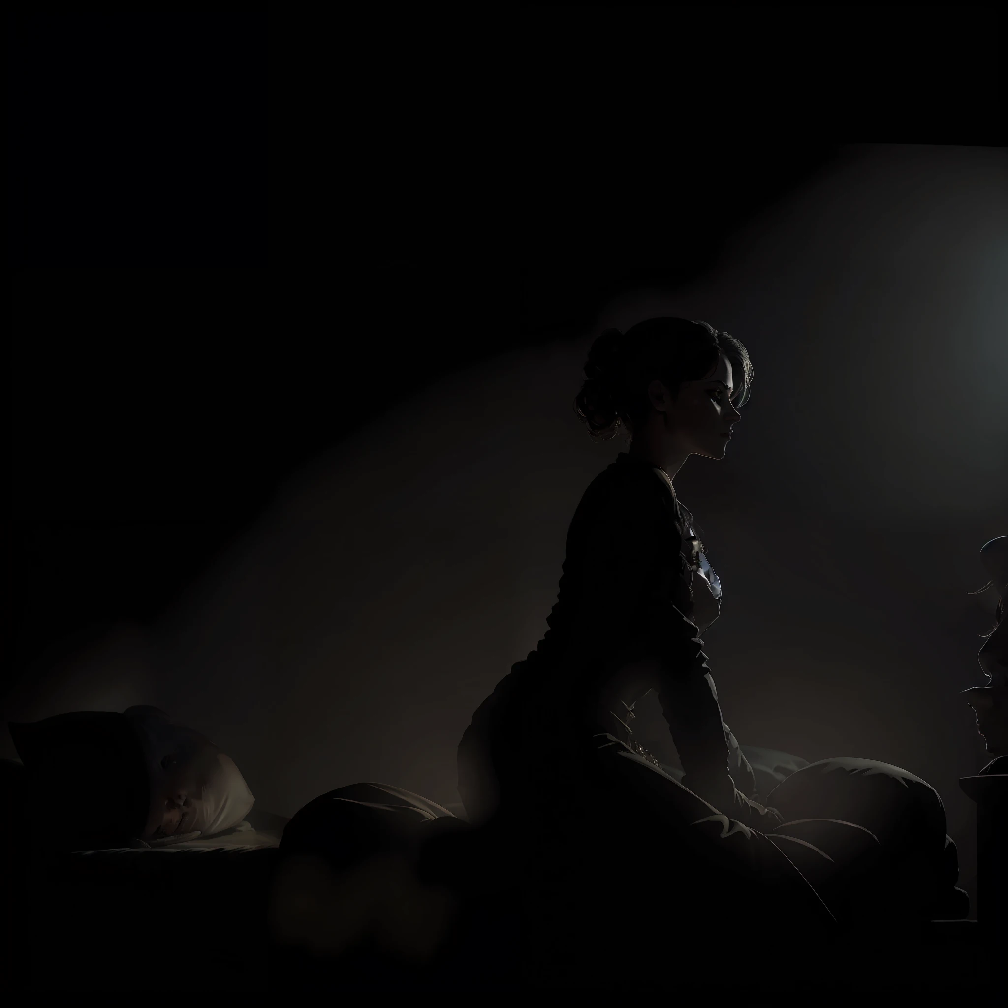 Style Mysterious and dark atmosphere, Camera position Medium shot, focusing on female's face as she wakes up in bed, 5 a.m., Shading Dim light, highlighting the shadows around the character, Colors Shades of dark blue and gray, emphasizing the darkness of the blackout, Character position sitting on the bed, looking at the dark surroundings, lineart, dark comic book, ambient occlusion