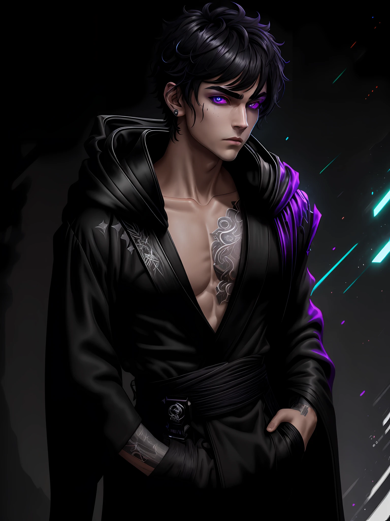 Cyberpunk male, fantasy world, dark background, clean design, epic instagram, artstation, colorful paint splatter, silhouette, hyper detailed intricate details, unreal engine, fantasy, intricate details, splash screen, complementary colors, Fantasy concept art, 8k resolution, deviantart masterpiece, oil painting, heavy strokes, paint dripping, (isolated on white background: 1.3), rainbow skin, (((handsome young man))), ((teenage:1.5) ), (glowing purple eyes), ((light eyes)), ((((short black hair: 1.1))), ((black clothes)), (prince\\(indifferent expression\\),, ( ((Wears high detail luxurious black robe))), black hair, (chest) --v 6