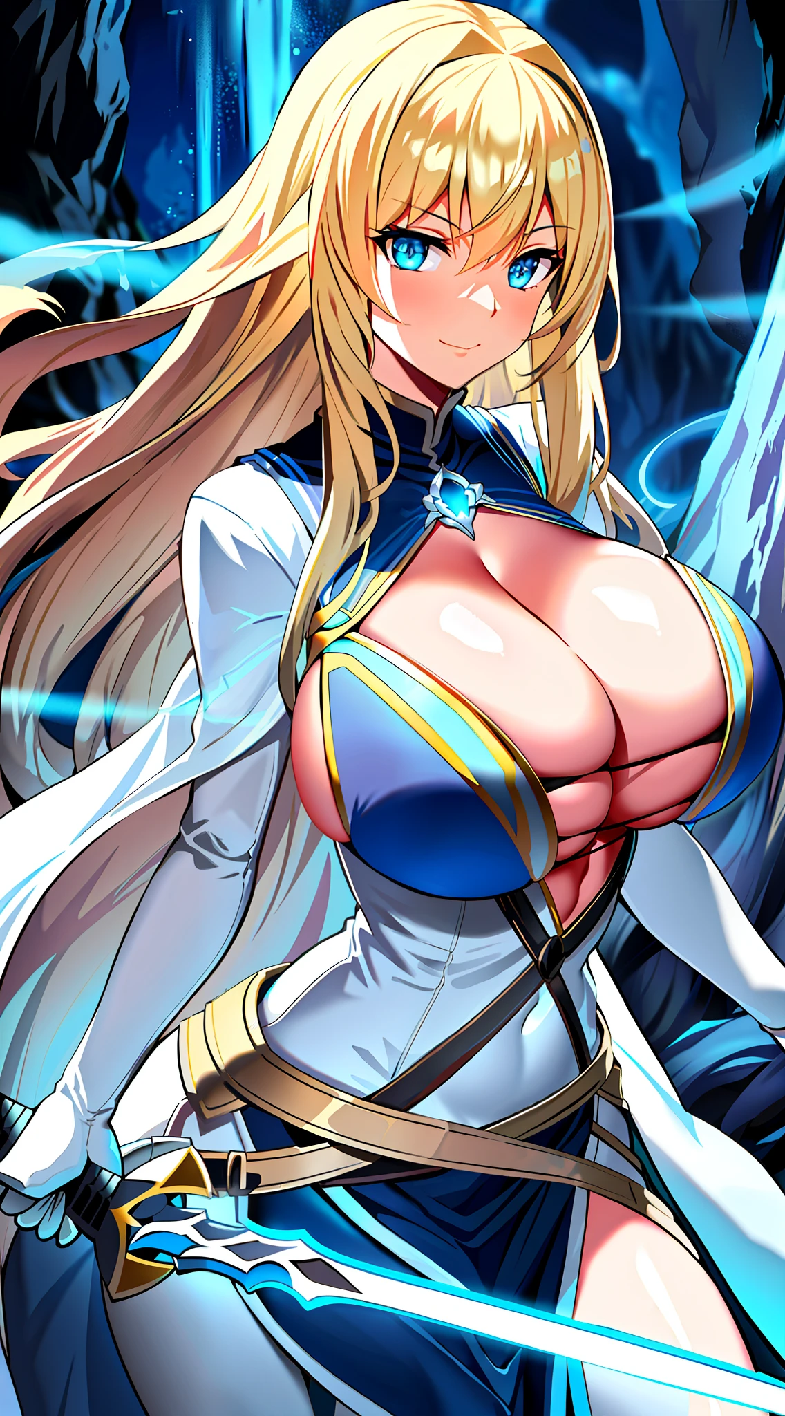 ((Colossal tits)) Big breasts Boobs Cleavage (glowing blue eyes) Blonde White skin Long hair Adventurer Sword Isekai Dark cave dungeon