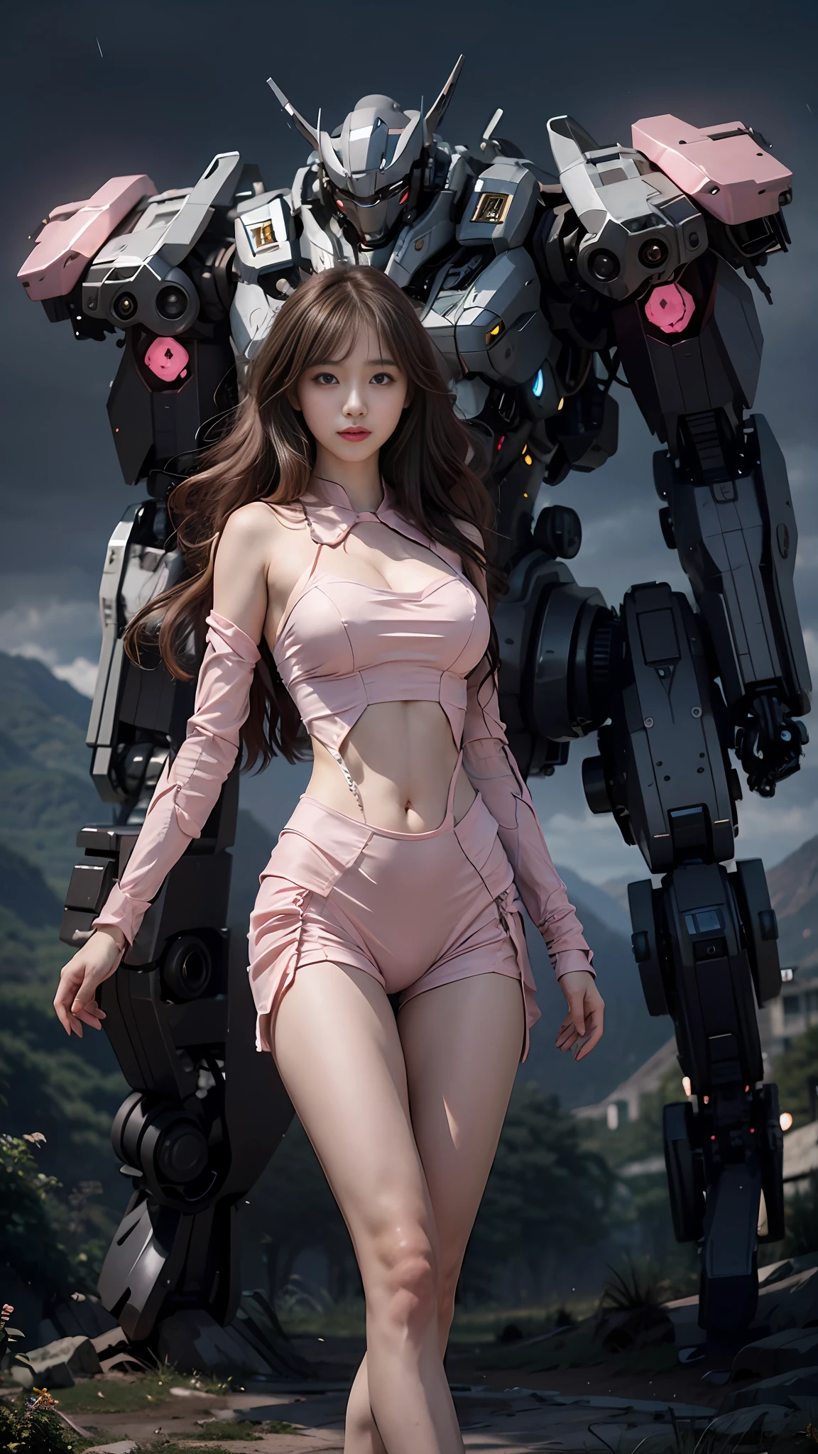 ( pureerosface_v1:0.5),mustee,Korean Doll,
Realistic photography,High quality,8k resolution,real photos,(((A mech girl with long hair,brown hair,medium breasts, )),chinese girl, tight fitting, navel),shitu-mecha behind the girl,Magnificent and spectacular,full body,mysterious,photo by Brandon Woelfelmist,surreal dream,gray atmosphere,rainy day,dynamic,lut,hdrmprofessional lighting,photon mapping,radiosity,physically-based rendering,delicate realism,araydynamic and expressive animations shitu-mecha,(Pink Style:1.3),