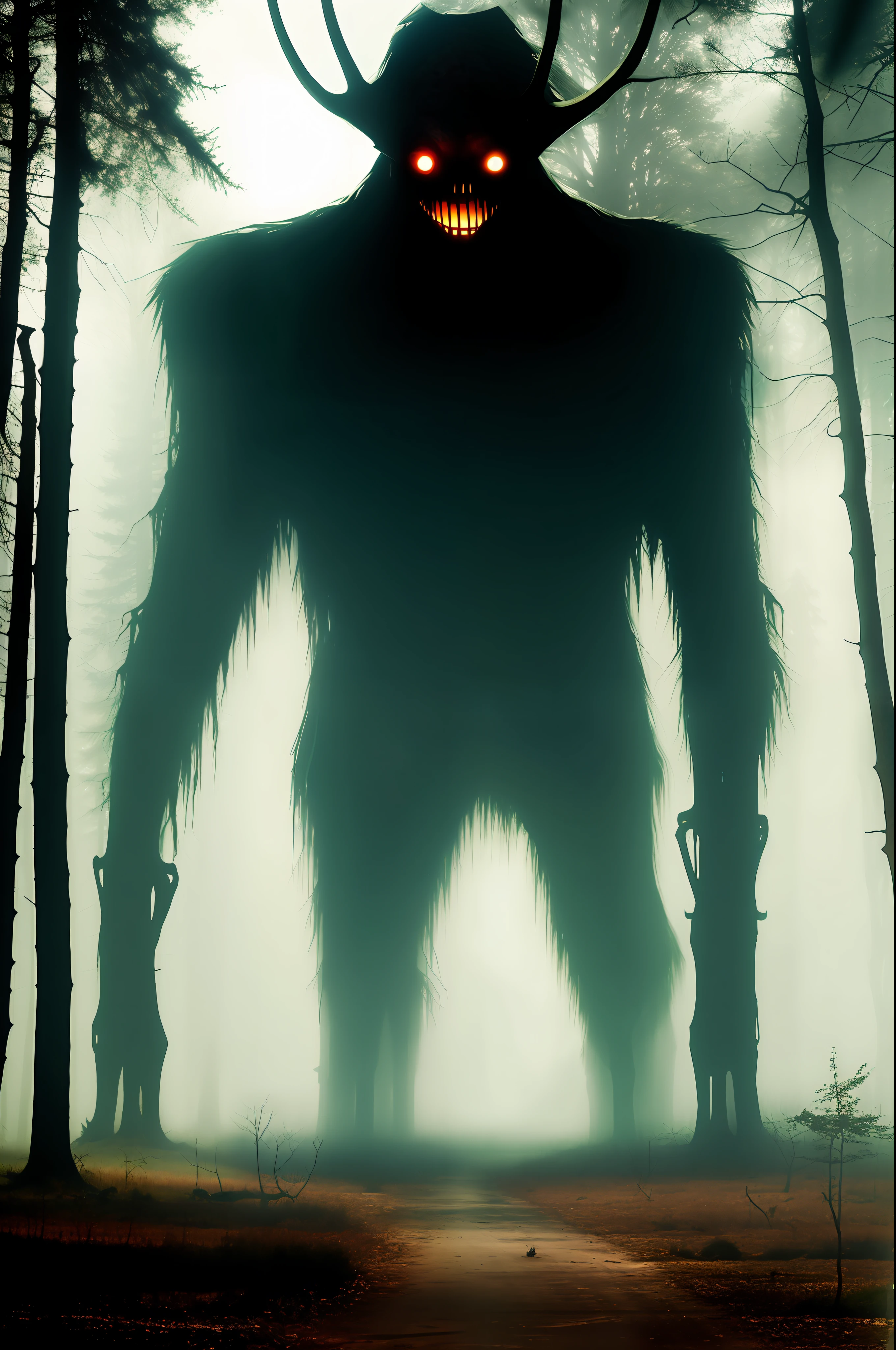 A creepy forest, Shadows, a shack, creepy creature, the wendigo