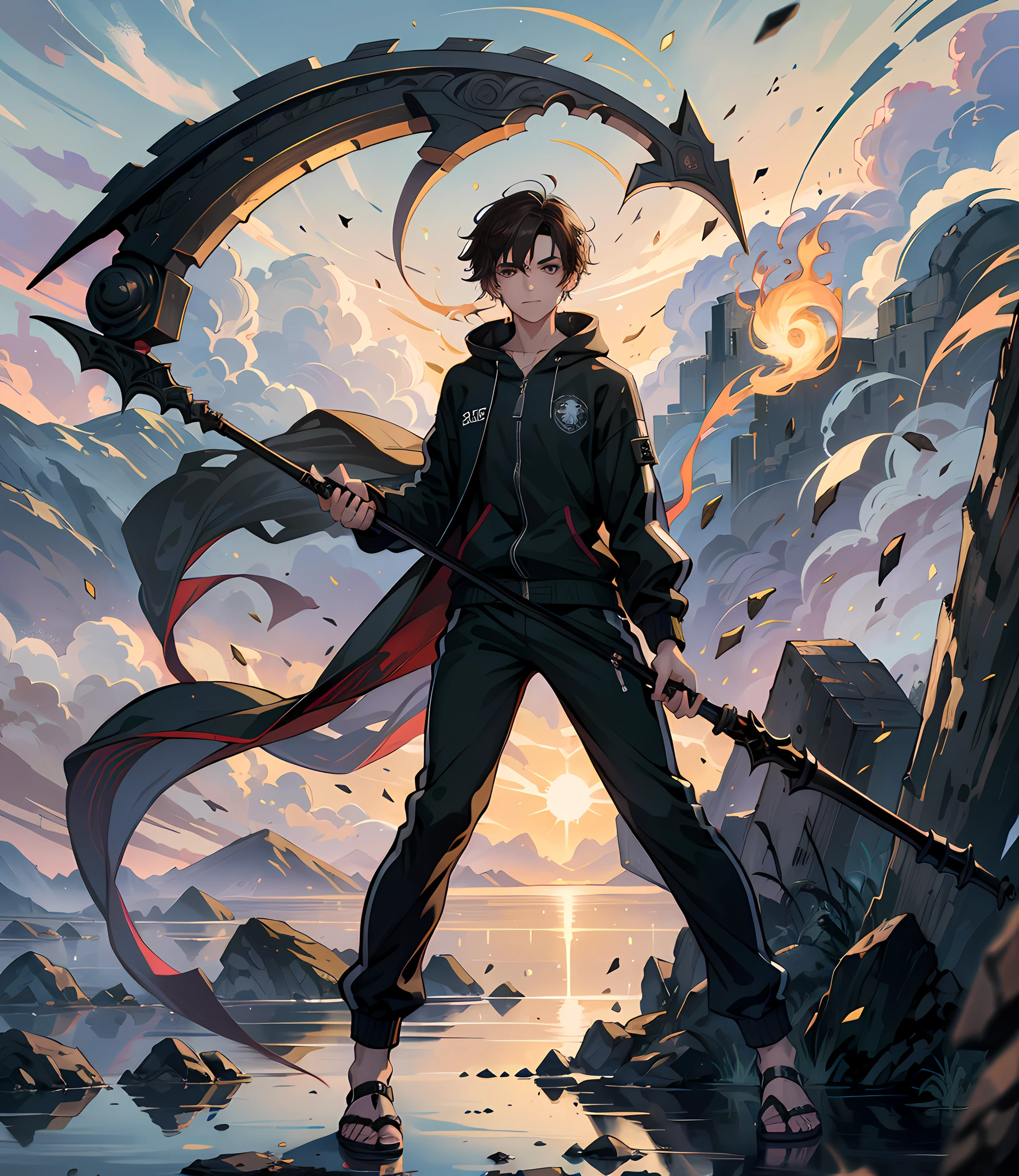 (absurdres, highres, ultra detailed), masterpiece, best quality, a boy holding a scythe, solo, handsome, short hair, dark brown hair, ear piercing, brown eye, finely eyes and detailed face, ((tracksuits, sweatpants, sandals)), scythe design, intricate scythe, fantasy scythe, evil smile, dramatic sky, isolated land, look down, spark, swirl, celestial, full of elemental