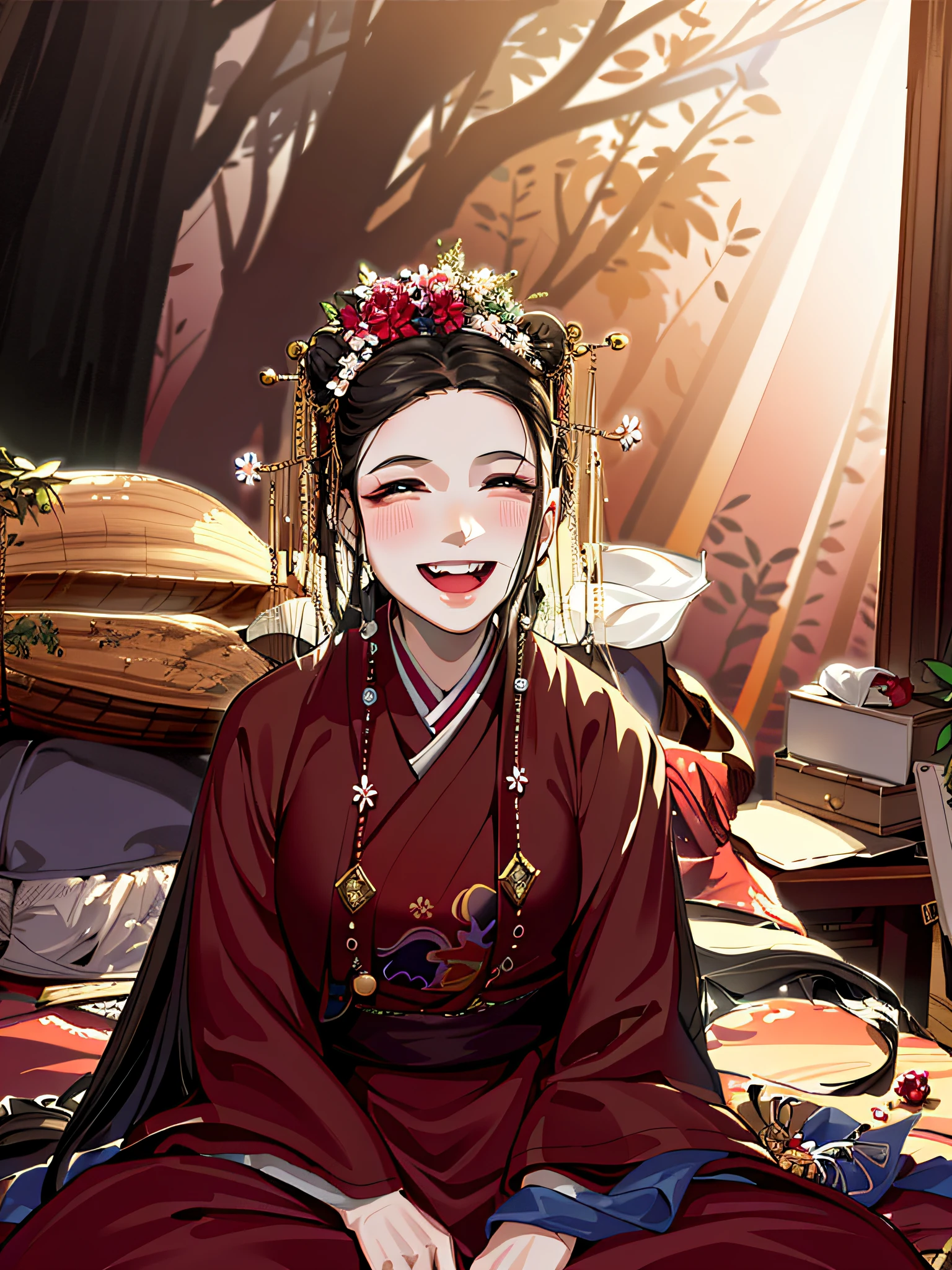 (masterpiece), best quality, good anatomy, shuimobysim, (1 girl: 1), (upper body), (smile), long hair, (hanfu), (ecchi0.5), (trees: 0.5), (flowers: 0.6), (cabin: 0.2),