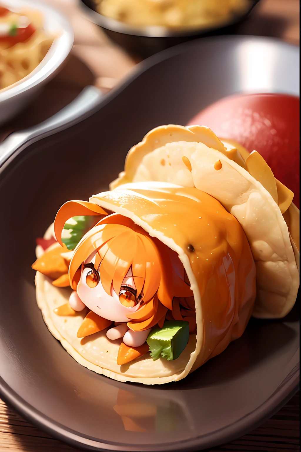 (masterpiece, best quality, highly detailed),1girl,solo,fullbody,lying,chibi, (orange short twin-tail hair), (ahoge)
huge taco, rolled with taco, inside a taco, wrapped in taco,