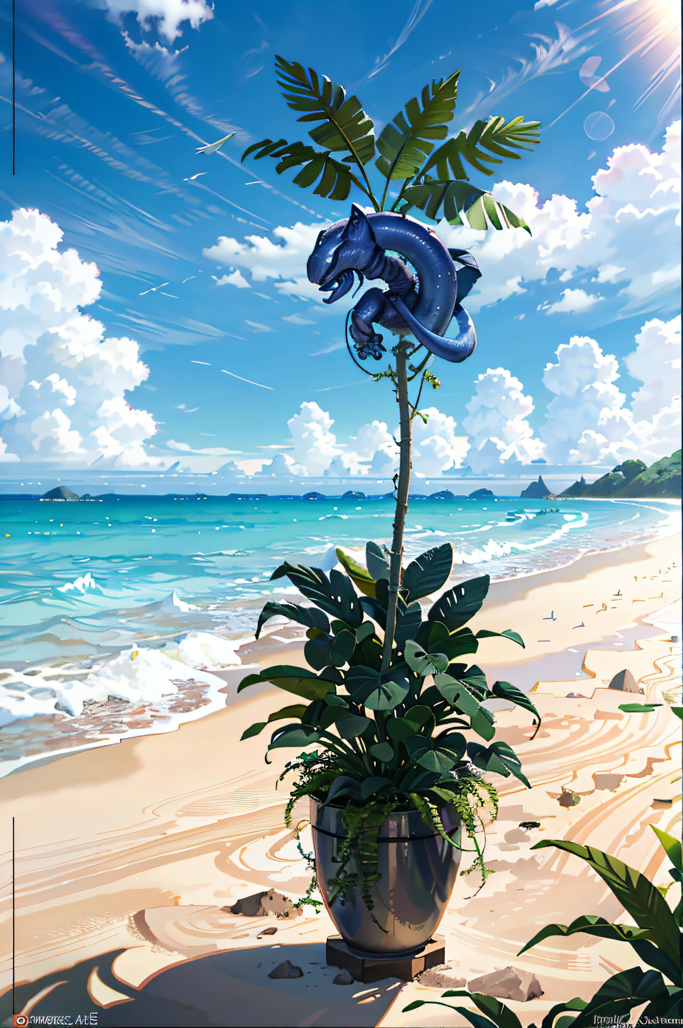 Hyper realistic scene, tropical alien plant as a god, tropical flowers, unusual art, unique art, summer blue sky background,  , sunlight, bright sunlight,  blender, product rendering, HD 8K. --v6