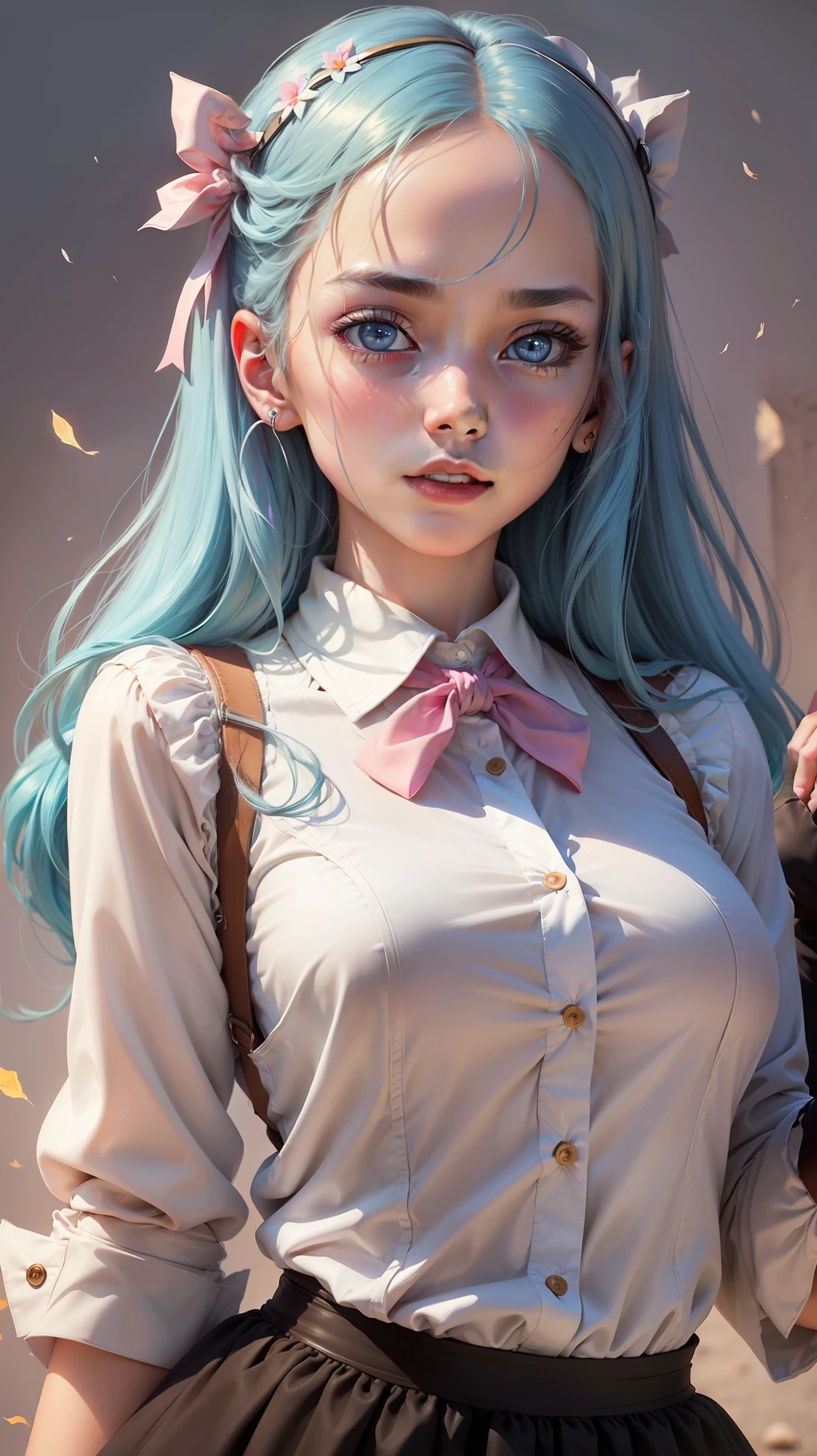 (detailed beautiful eyes and detailed face, masterpiece side light, masterpiece, best quality, detailed, high resolution illustration), (1 girl, beautiful girl, shiny skin, look down, look at the audience), (sky blue hair, pink eyes, skirt, ribbon, collar button shirt) (sideways, a person raises his hands and hands caresses the back of his head, with a charming expression) (45 degrees top-down) --auto --s2