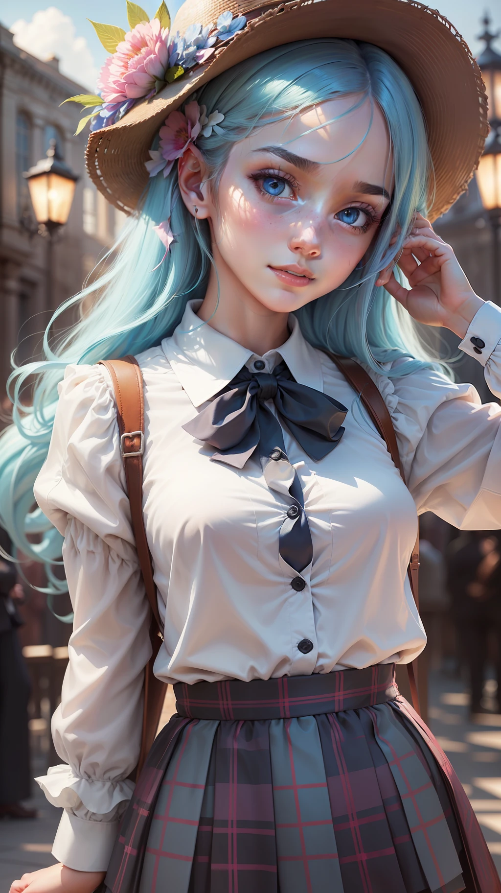 (detailed beautiful eyes and detailed face, masterpiece side light, masterpiece, best quality, detailed, high resolution illustration), (1 girl, beautiful girl, shiny skin, look down, look at the audience), (sky blue hair, pink eyes, skirt, ribbon, collar button shirt) (sideways, a person raises his hands and hands caresses the back of his head, with a charming expression) (45 degrees top-down) --auto --s2