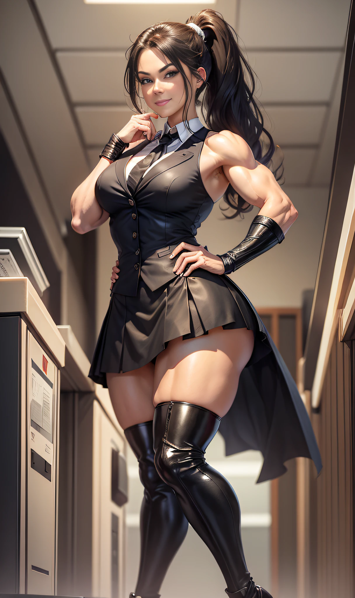 Quality face, adult woman, smile, pheromones, married woman, muscular, Hercules, muscular arms, blood vessels, muscular thighs, small bust, tall stature, full body, black god, ponytail, office lady uniform, sleeveless, long skirt below the knee, black long boots, bank teller