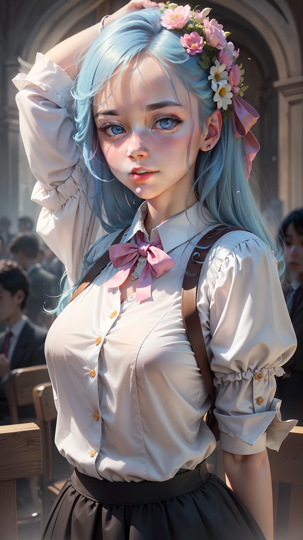 (detailed beautiful eyes and detailed face, masterpiece side light, masterpiece, best quality, detailed, high resolution illustration), (1 girl, beautiful girl, shiny skin, look down, look at the audience), (sky blue hair, pink eyes, skirt, ribbon, collar button shirt) (sideways, a person raises his hands and hands caresses the back of his head, with a charming expression) (45 degrees top-down) --auto --s2