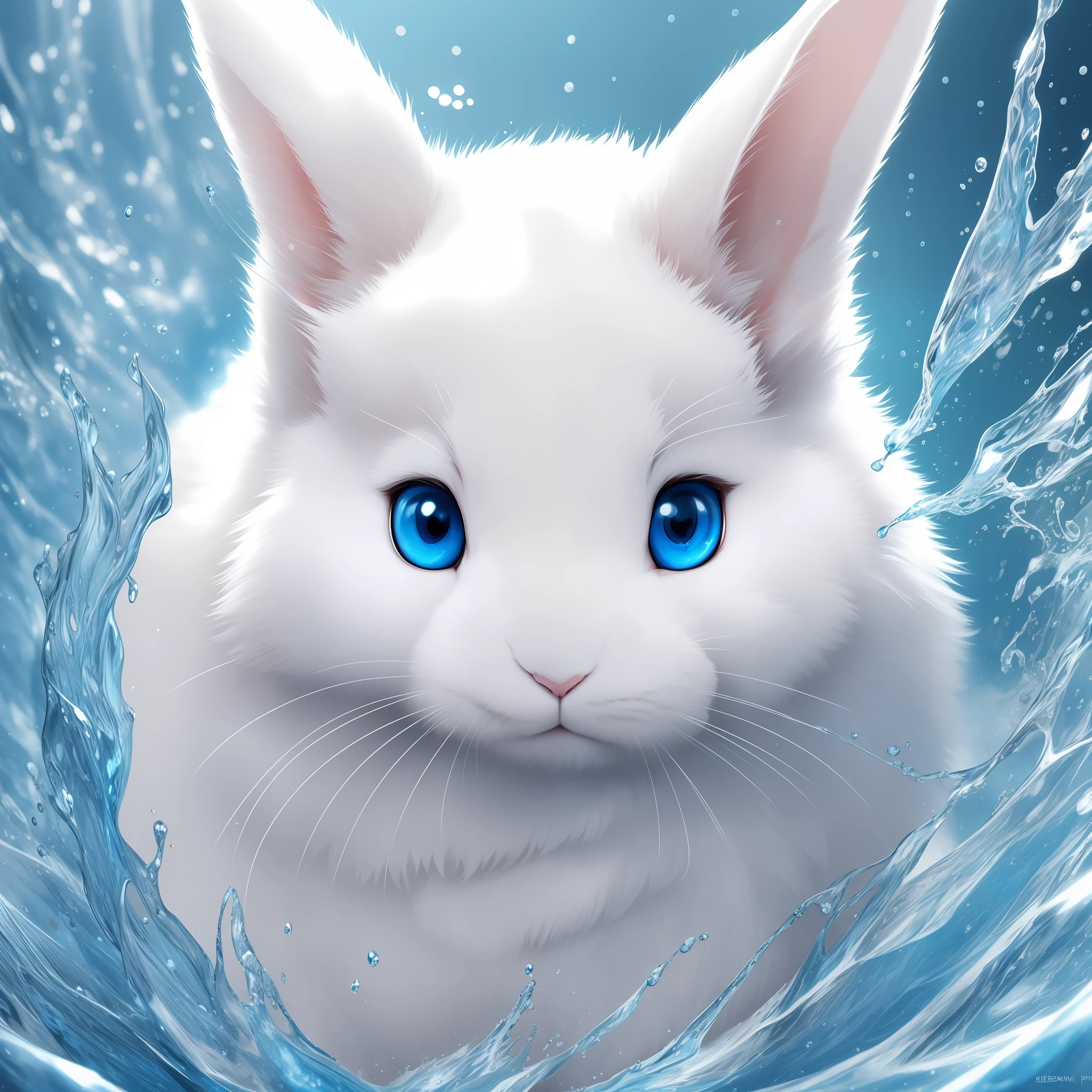 (another masterpiece), best quality, ultra-detailed, face of a white rabbit, splash art, beautiful illustration, detailed fur, dynamic pose, lovely expression, blue eyes, vivid colors, light and shadows in harmony, natural environment.