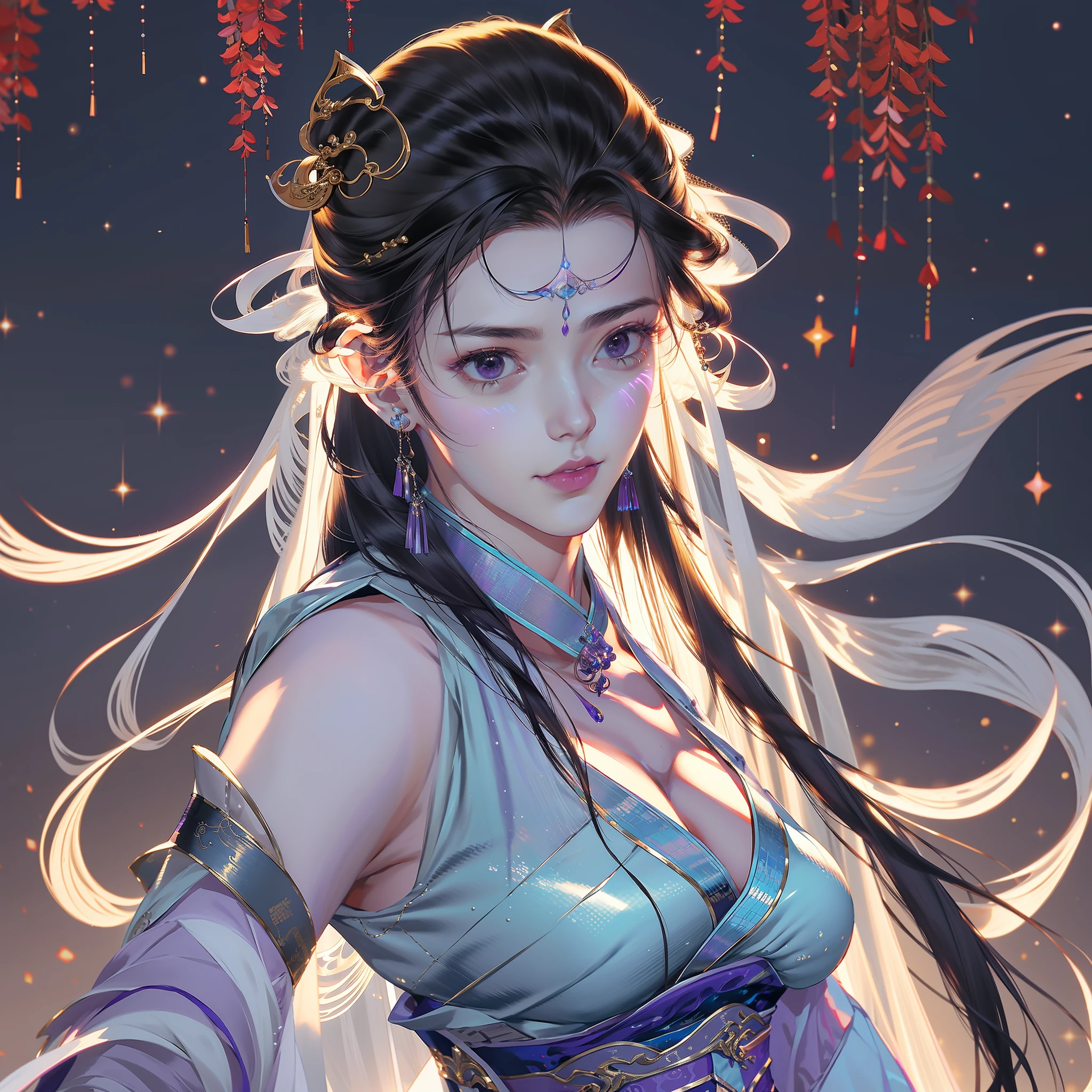 A handsome Chinese girl, sharp eyes, clear facial features, wearing Hanfu, body surrounded by purple mist, runes around, martial arts actions, holographic reality, holographic halo, game light effects, soft light, movie edge light, delicate light