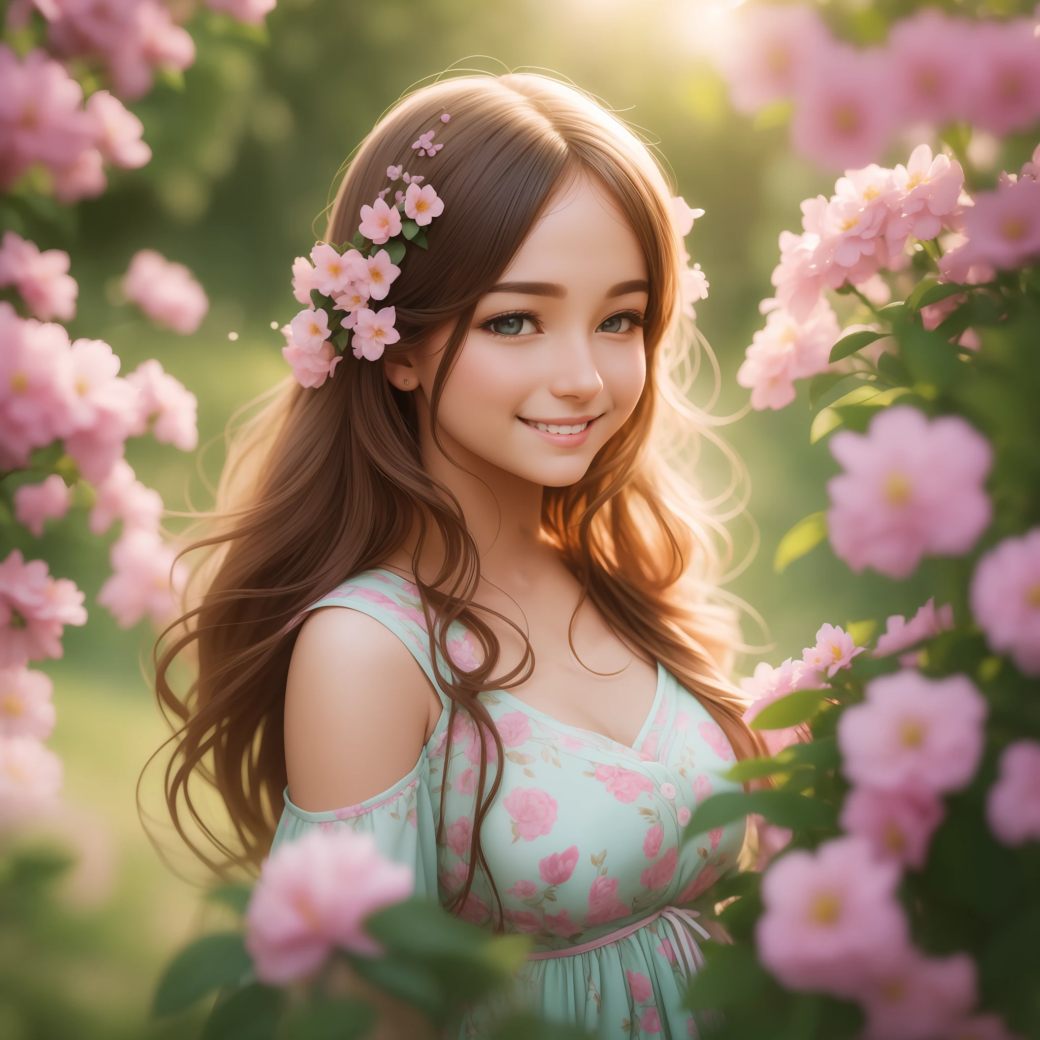 (dreamy and soft), (warm and vibrant), (beautiful girl:1.2), lush garden, blooms in full swing, charming smile, flowing hair, vibrant clothing, bokeh, backlit, shallow depth of field.