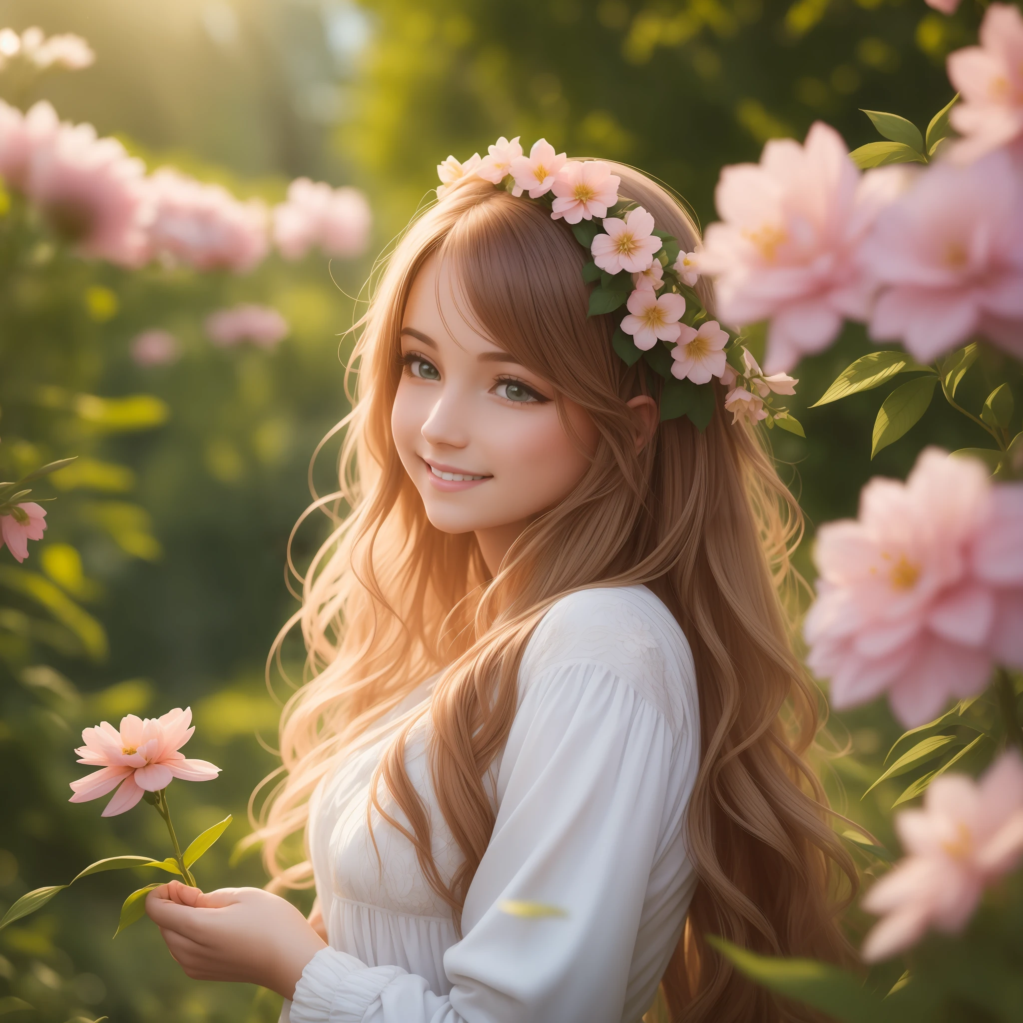 (dreamy and soft), (warm and vibrant), (beautiful girl:1.2), lush garden, blooms in full swing, charming smile, flowing hair, vibrant clothing, bokeh, backlit, shallow depth of field.
