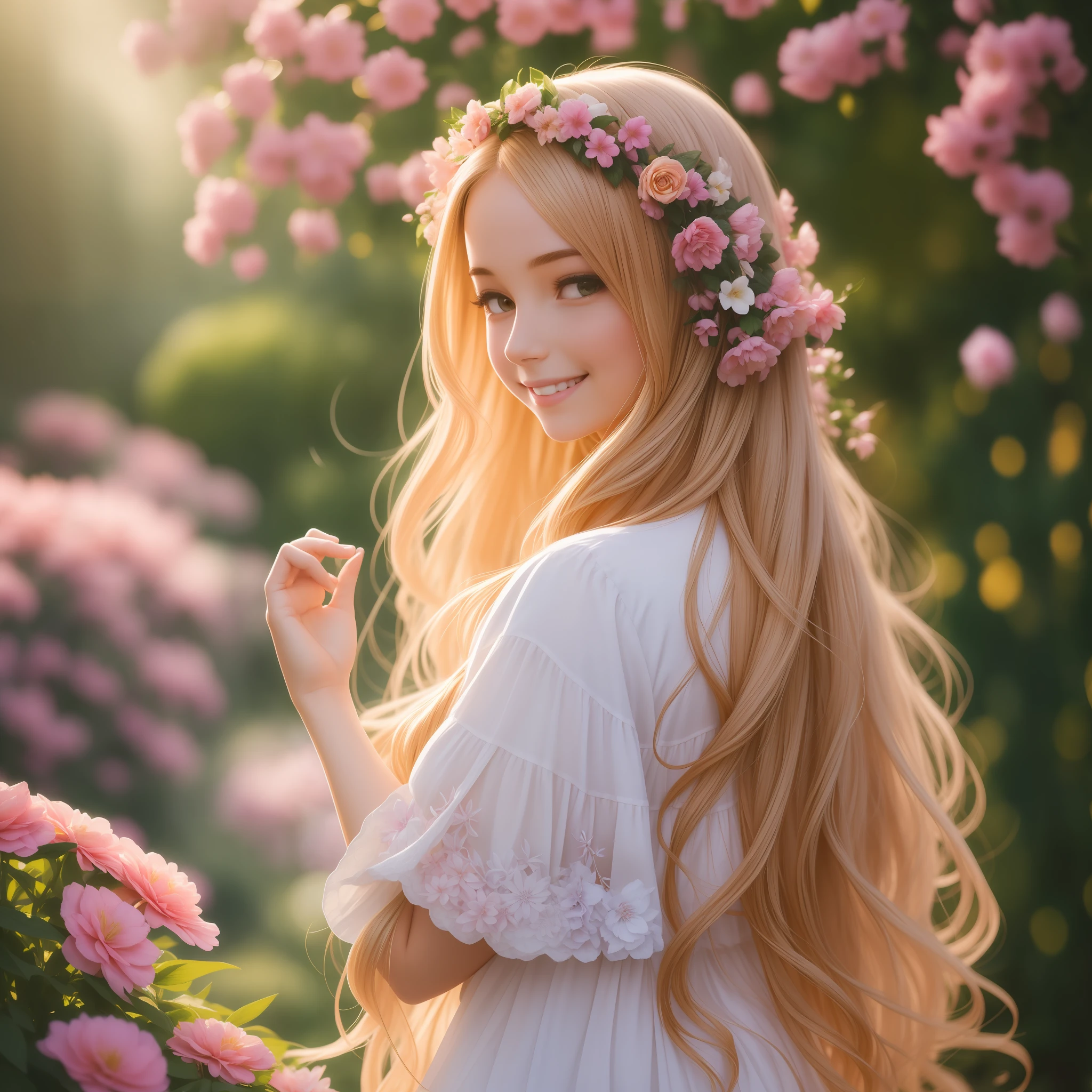 (dreamy and soft), (warm and vibrant), (beautiful girl:1.2), lush garden, blooms in full swing, charming smile, flowing hair, vibrant clothing, bokeh, backlit, shallow depth of field.