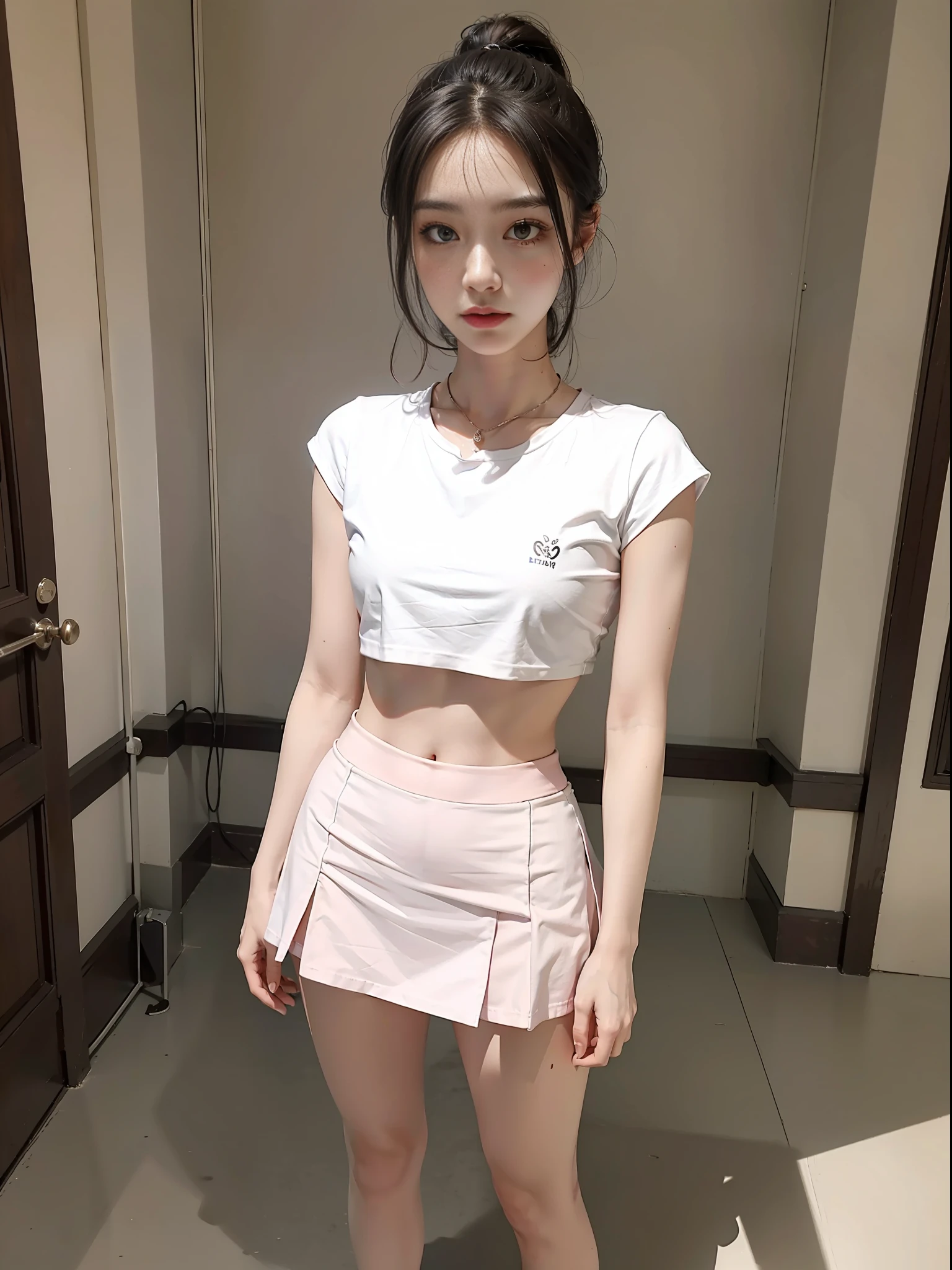 Best quality, full body portrait, delicate face, 20 years old girl, slim figure, small bust, white crop top T-shirt, waist open pink tight skirt, gymnasium scene, standing tall