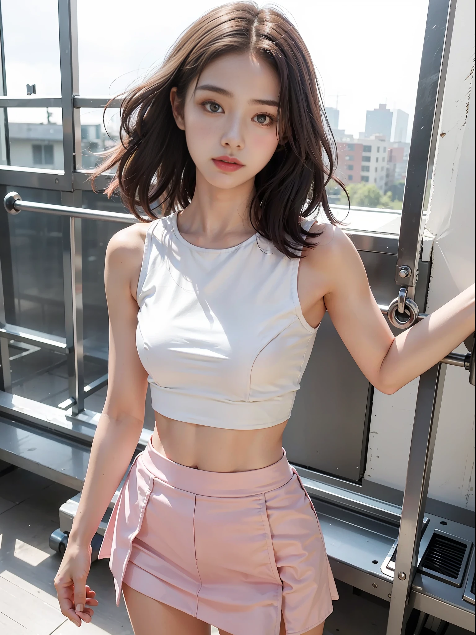 Best quality, full body portrait, delicate face, 20 years old girl, slim figure, small bust, white crop top T-shirt, waist open pink tight skirt, gymnasium scene, standing tall