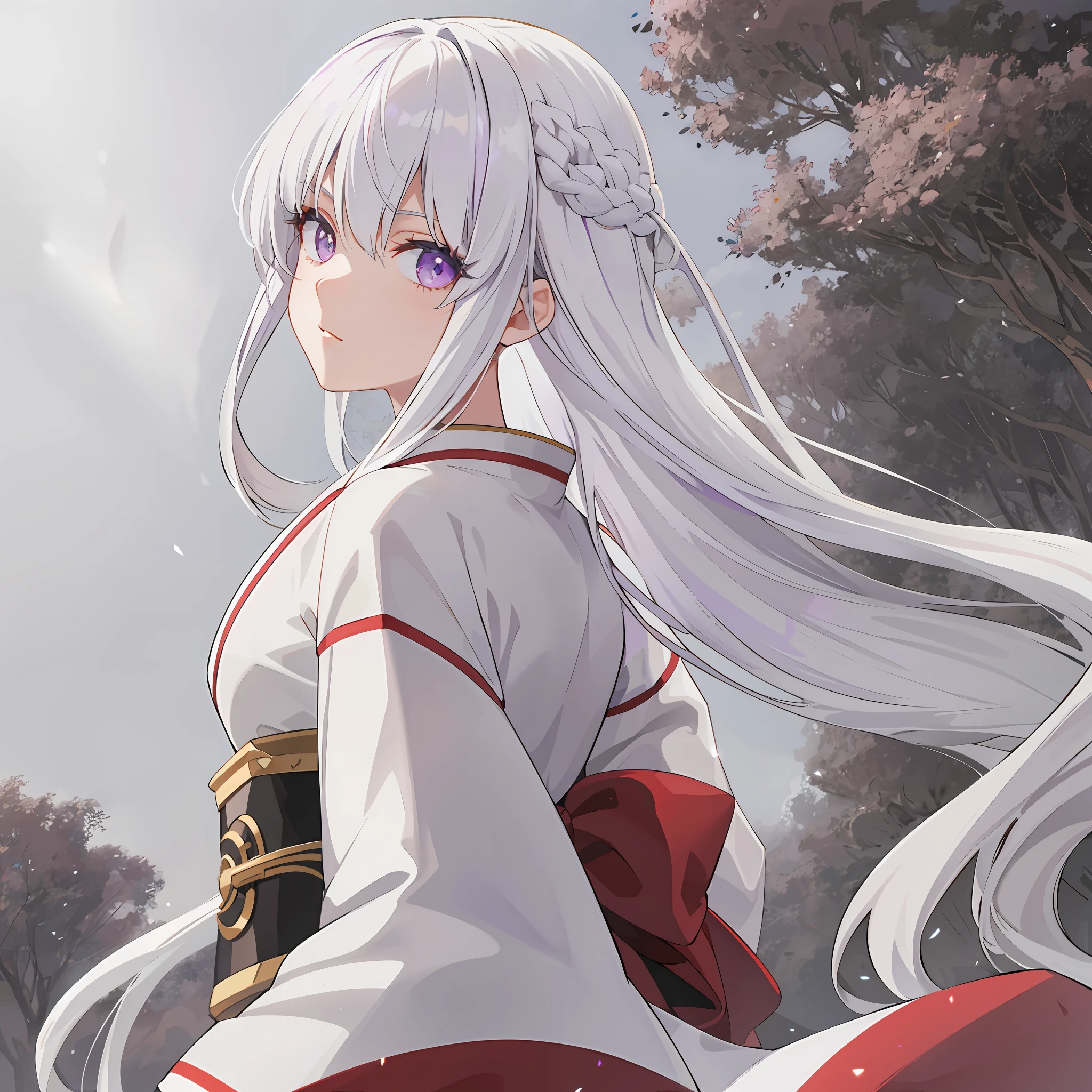 1girl, white hair, multicolored hair, purple eyes, mask on head, sidelighting, light particles, wallpaper,