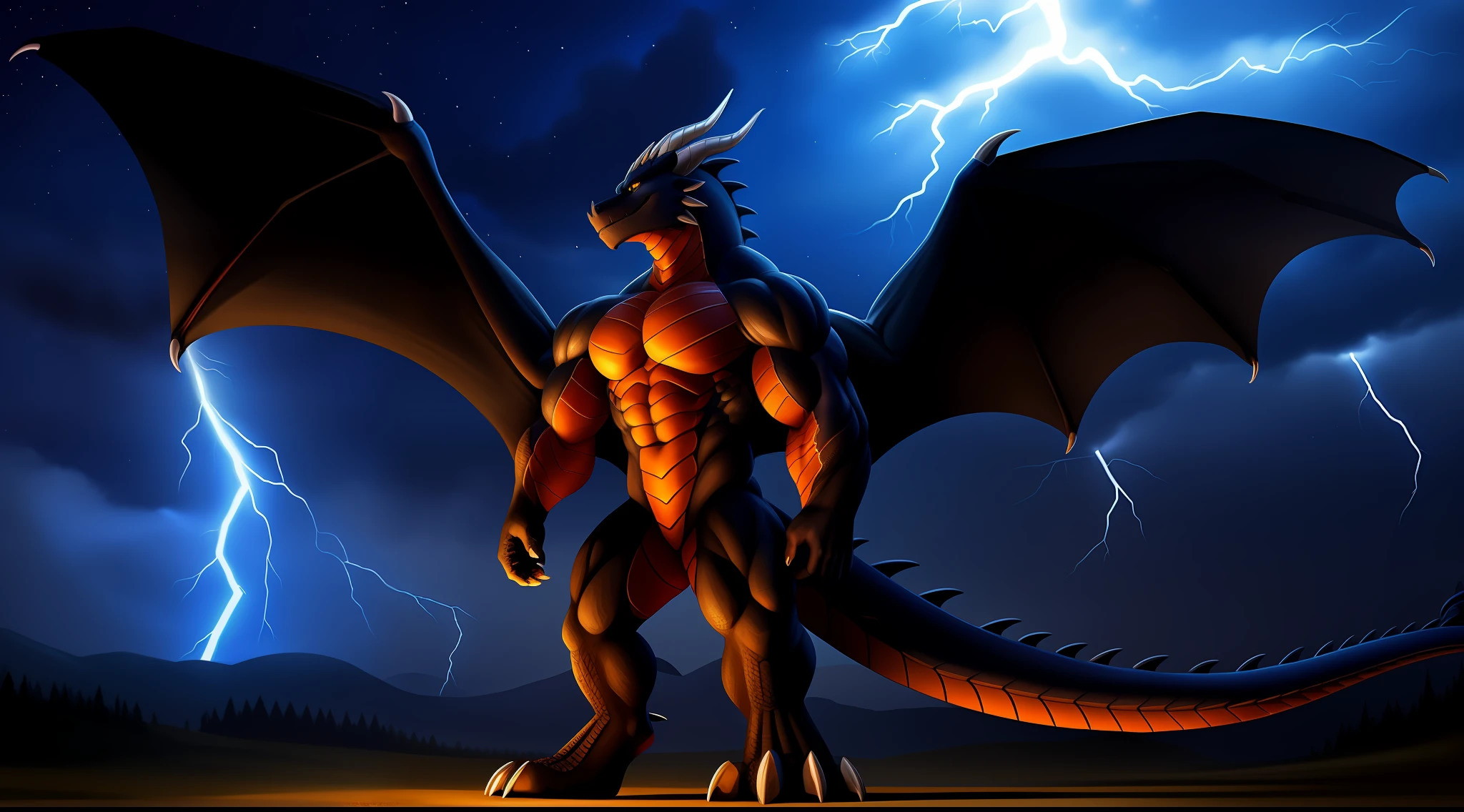 A single dragon man with a yellow-eyed black dragon standing under the stars, anthropomorphic dragon, black dragon, as anthropomorphic dragon, giant monster dragon monster, muscle dragon man, man and dragon fusion, anthropomorphic dragon, realism, epic, lightning pattern, wings, high resolution, photo realism, soft shadows, happy look, good anatomy, detailed face, (Eyes: 1.1), (Detailed Eyes: 1.1), (Detailed), (Masterpiece: 1.2), (Movement), Aperture around the body, Body Glow, Starry Sky Version of the Body