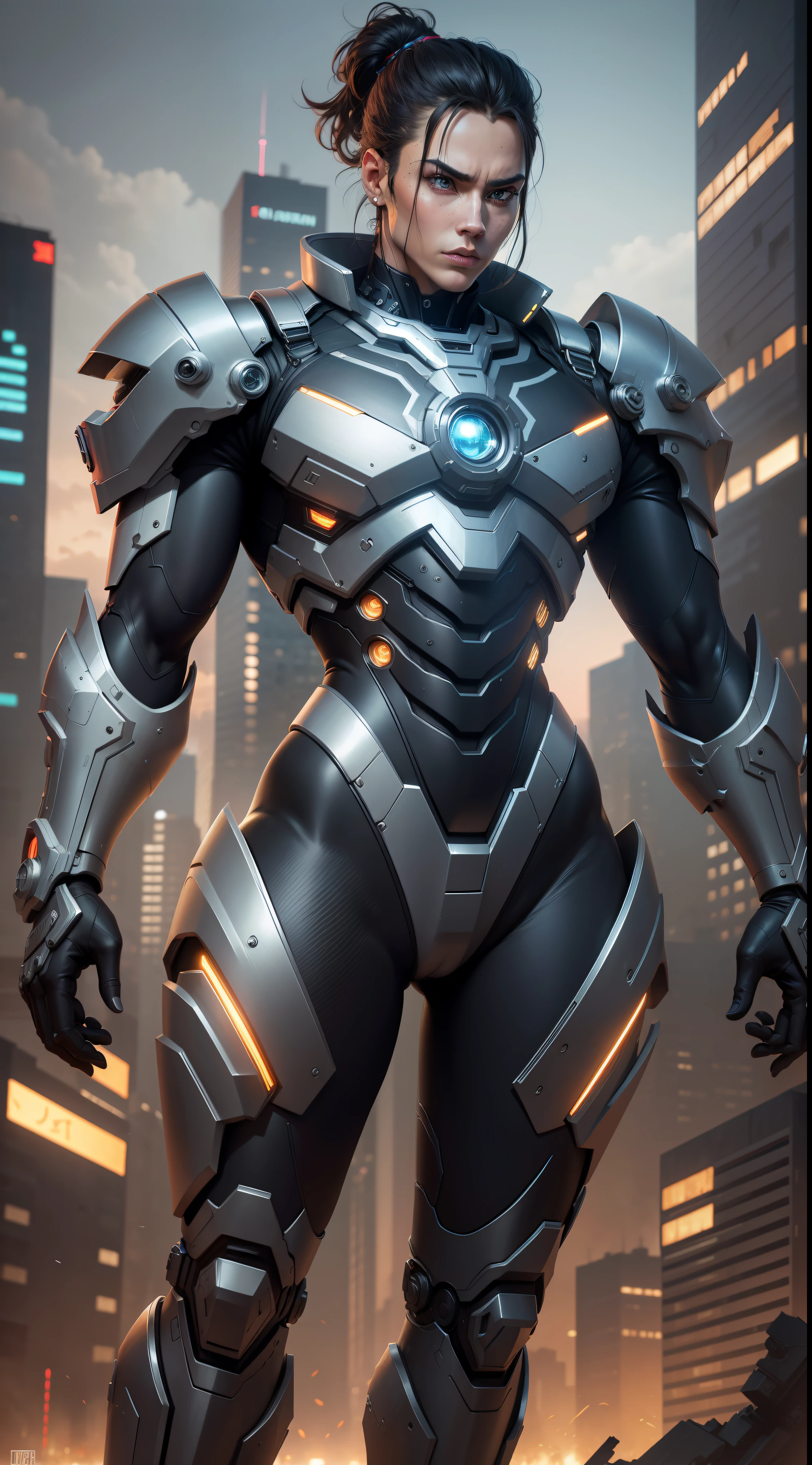 Robert, Dark style, giant robot, Metallic luster, cyberpunk, The background is an abandoned city, Technical symmetry, fully body, Dynamic pose, Movie, best qua4lity, Dynamic perspective, dynamic angle, golden ratio, Wide-angle photography, Wide field of view, Deep depth of field, zoom out, City Samurai 3D, jiezuo, High Detailed, best qua4lity, highresolution, UHD, Anatomically correct, high quality, award winning