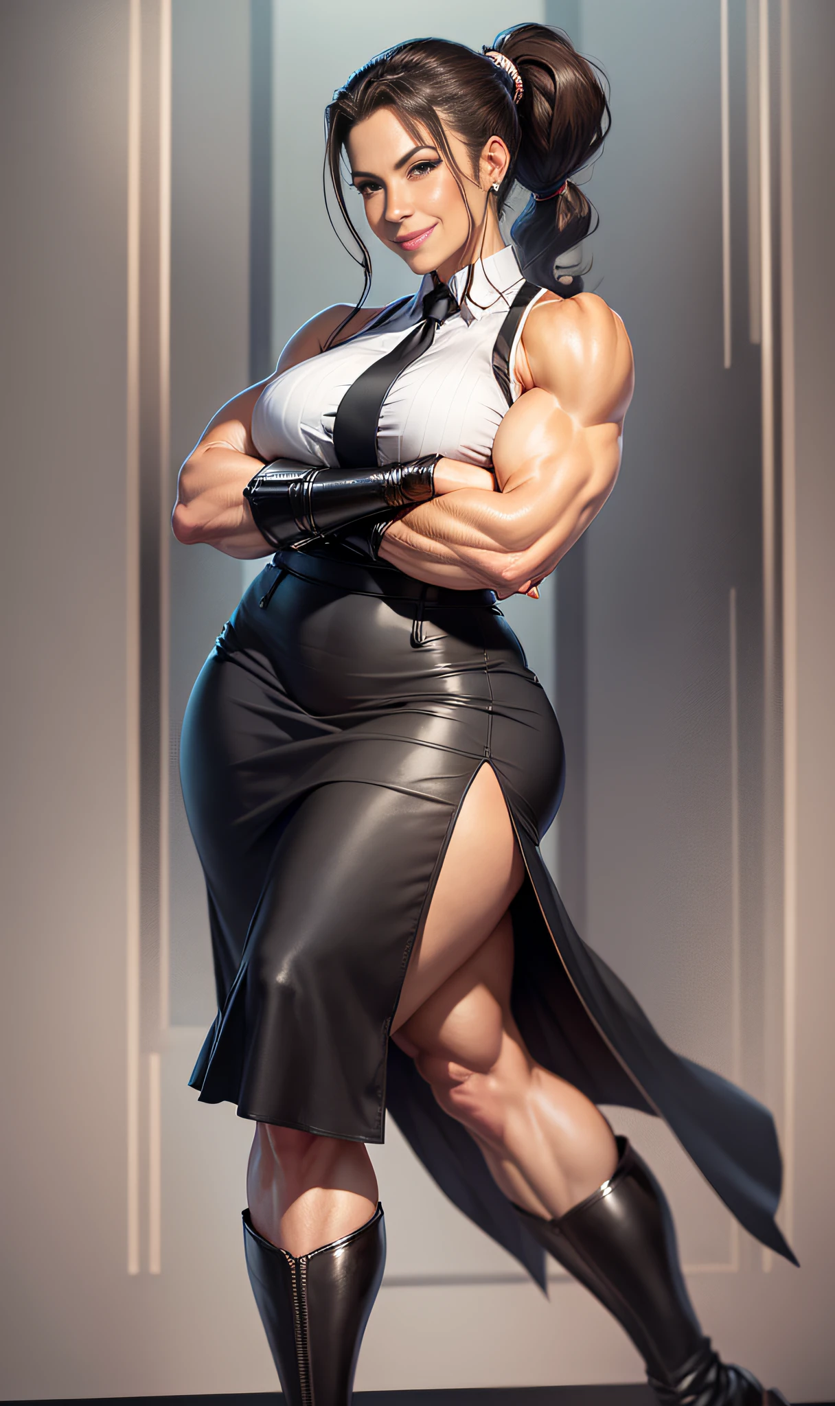 Quality face, mature woman, smile, pheromones, married woman, muscular, Hercules, muscular arms, blood vessels, muscular thighs, small bust, tall stature, full body, black god, ponytail, office lady uniform, sleeveless, long skirt below the knee, black long boots, president's office