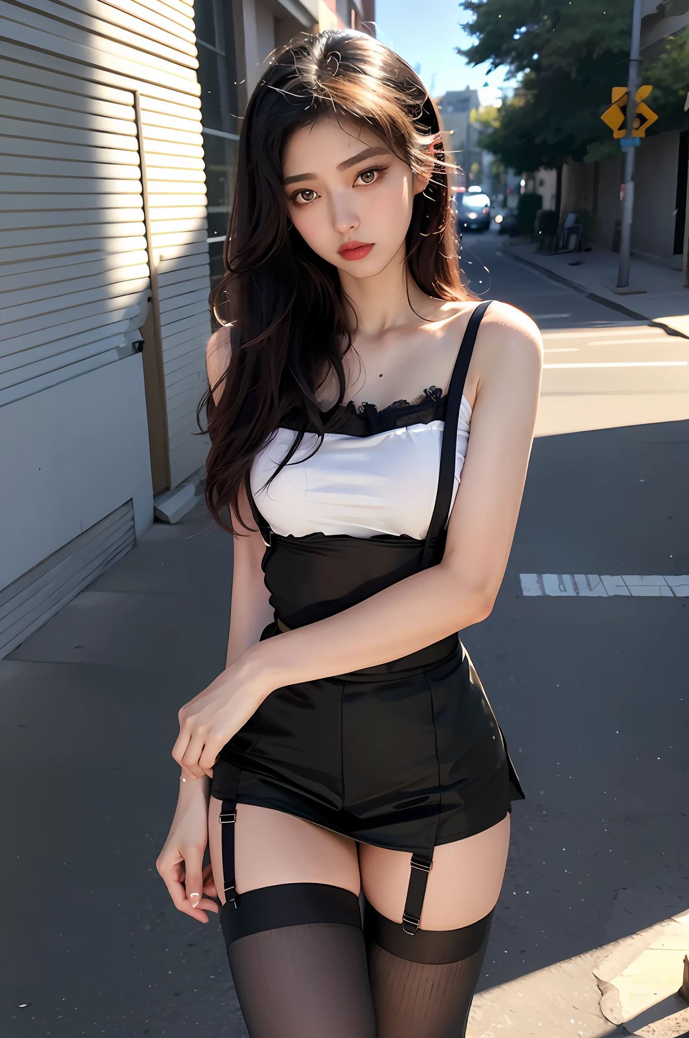 Surrealist art, gallery-quality works, ultra-precision, visual impact, sublime masterpieces, peak clarity, twilight dimness, soft lighting,
1 girl, solo,
Understated, deep shades, dresses, stockings, skirts, shorts, suspenders, tank tops, short sleeves, t-shirts, shirts, background streets,